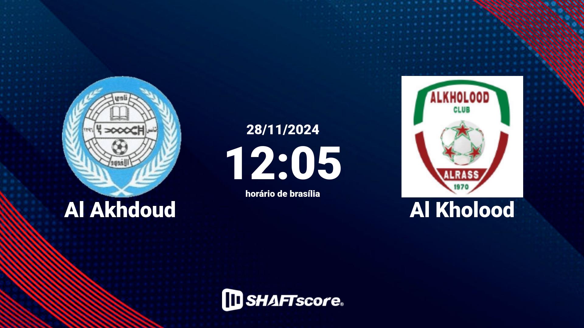 Estatísticas do jogo Al Akhdoud vs Al Kholood 28.11 12:05