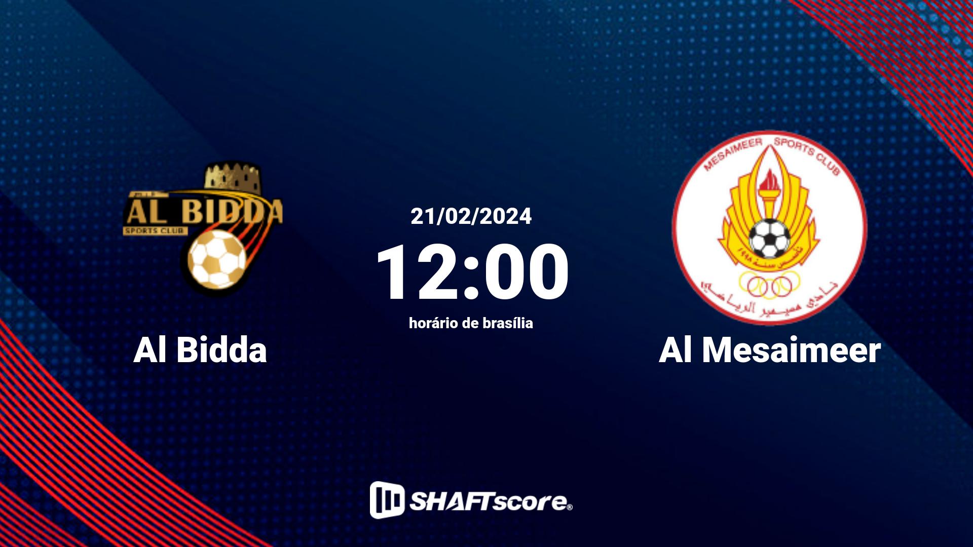 Estatísticas do jogo Al Bidda vs Al Mesaimeer 21.02 12:00