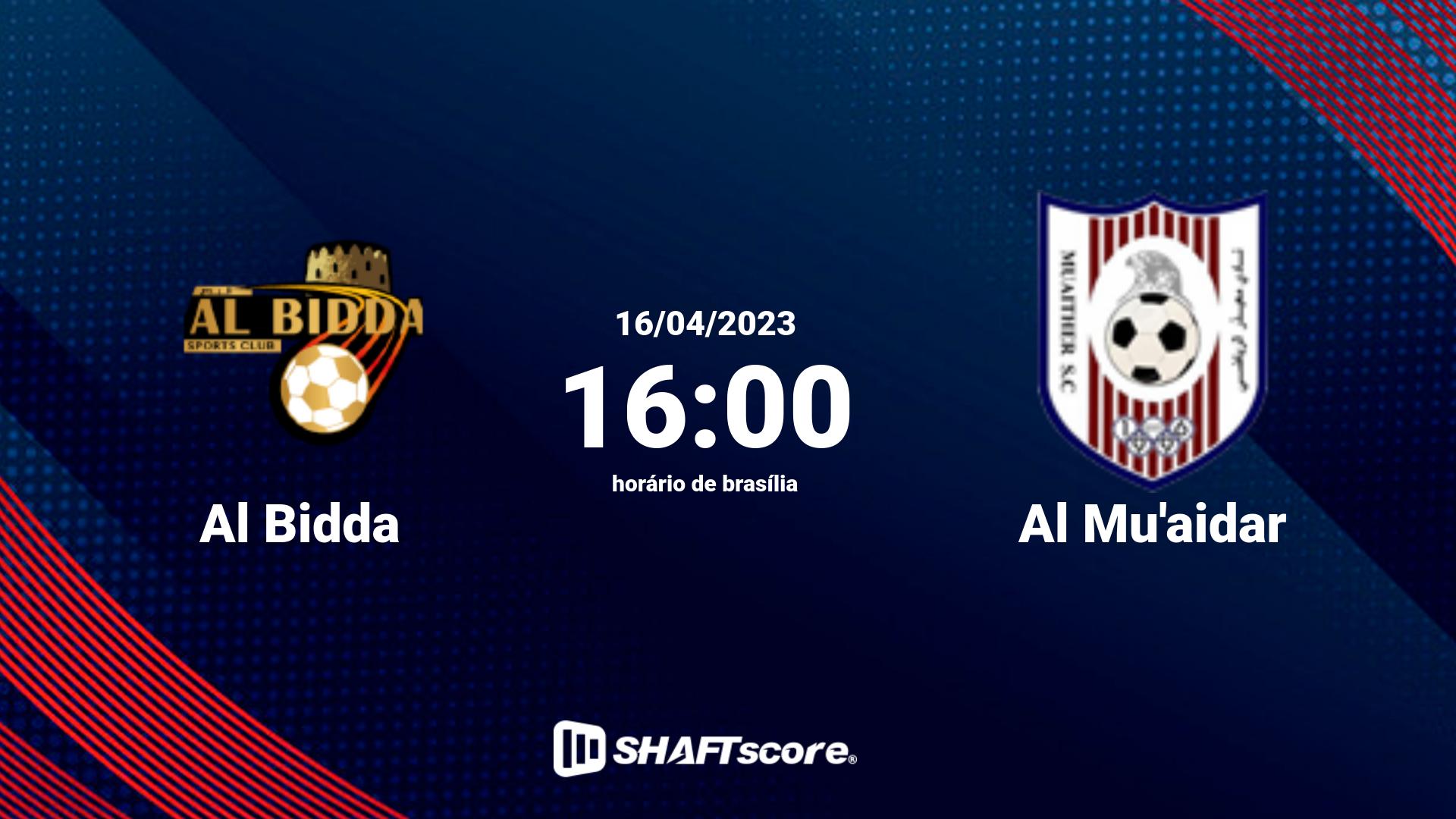 Estatísticas do jogo Al Bidda vs Al Mu'aidar 16.04 16:00