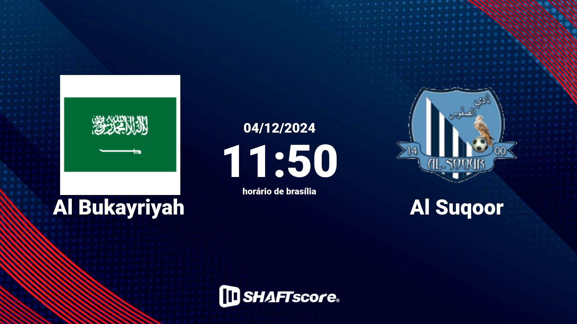 Estatísticas do jogo Al Bukayriyah vs Al Suqoor 04.12 11:50