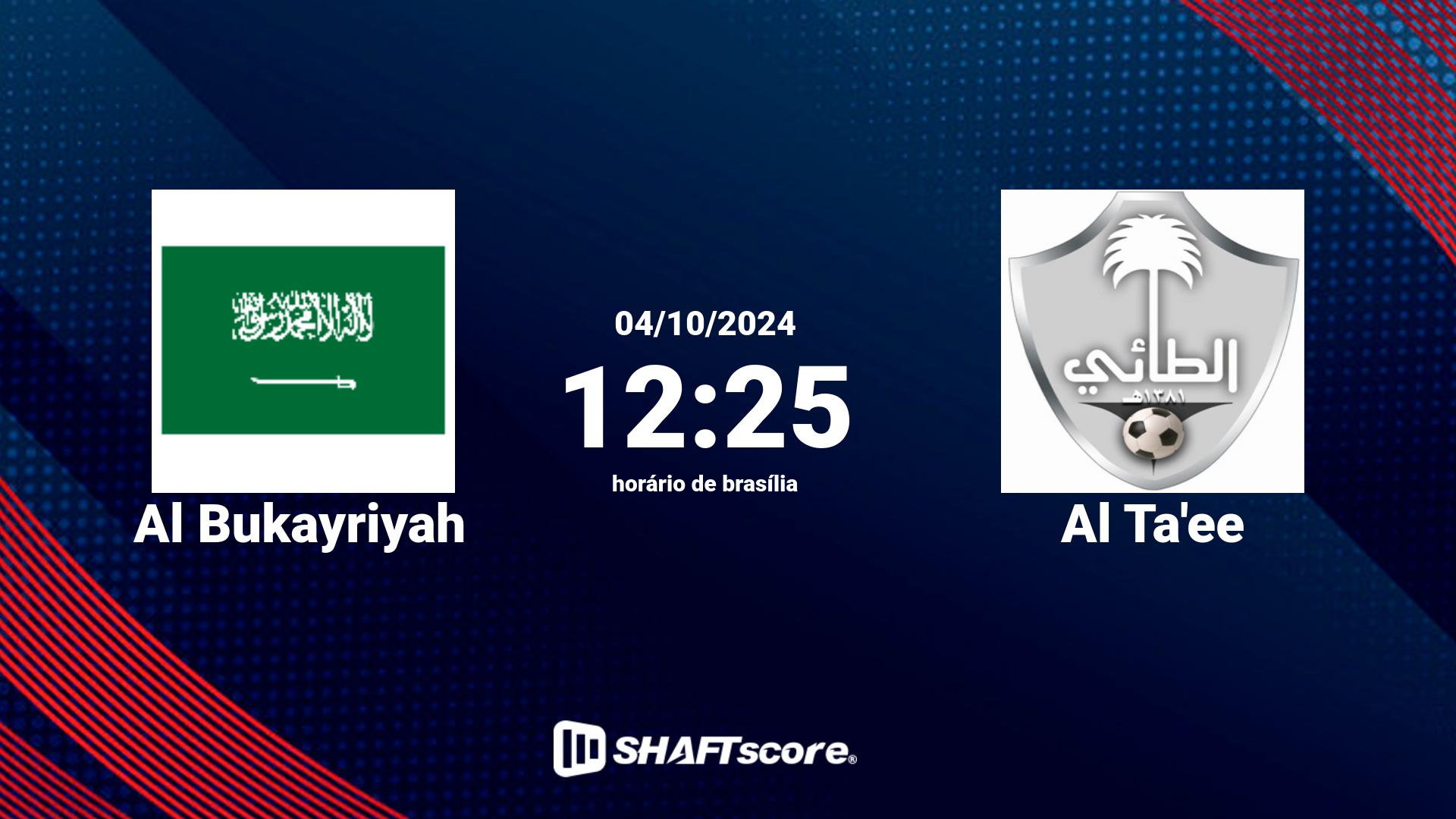 Estatísticas do jogo Al Bukayriyah vs Al Ta'ee 04.10 12:25