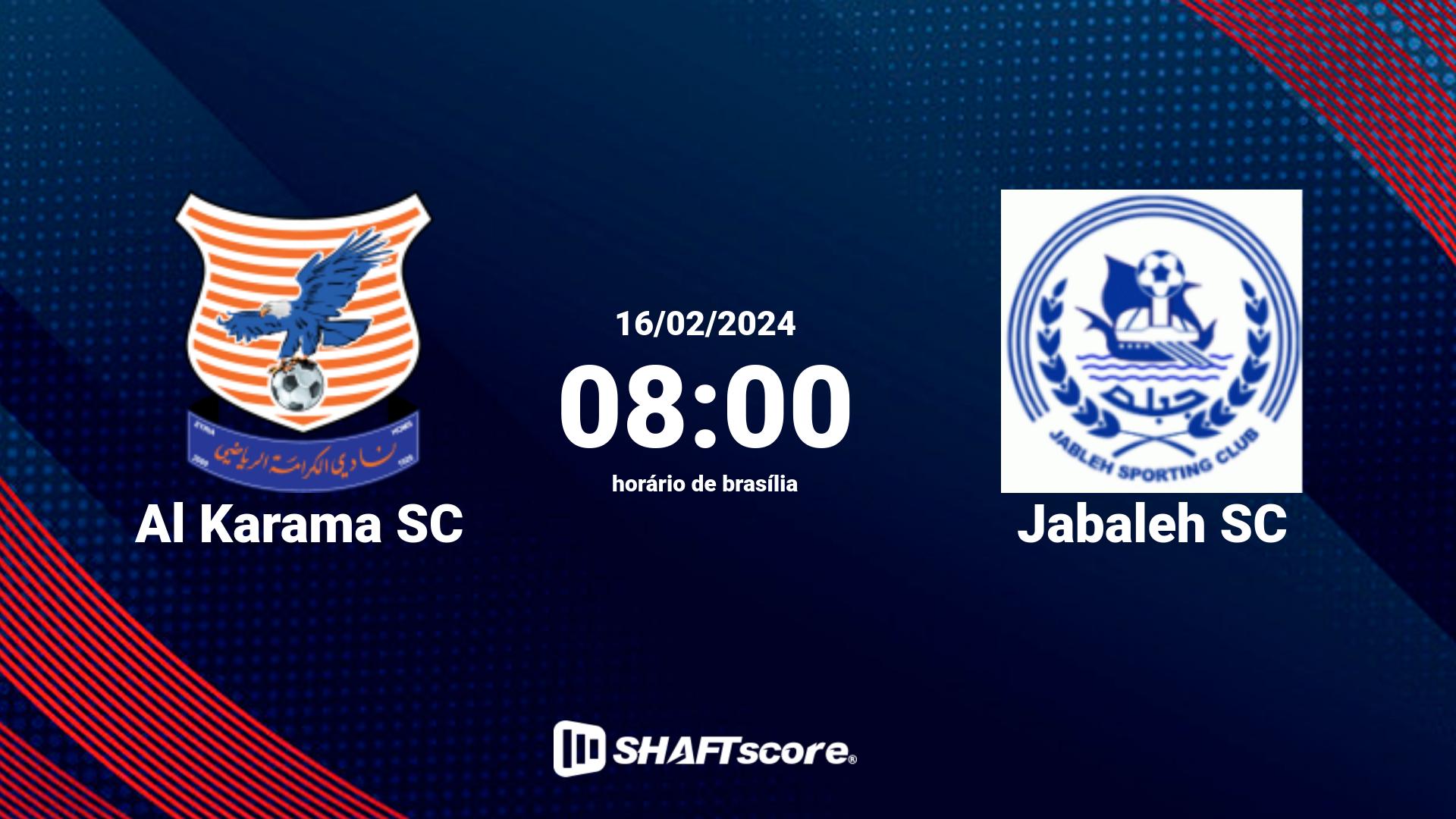 Estatísticas do jogo Al Karama SC vs Jabaleh SC 16.02 08:00