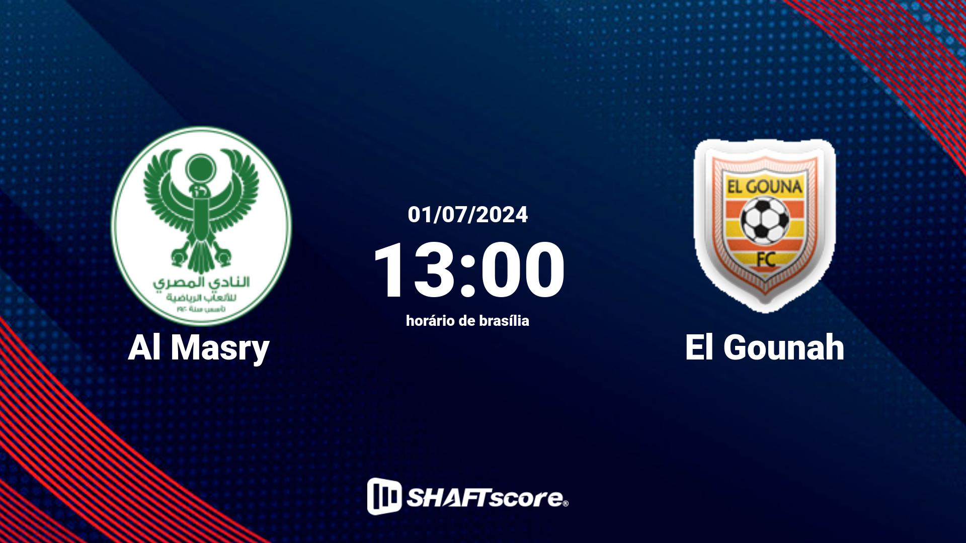 Estatísticas do jogo Al Masry vs El Gounah 01.07 13:00