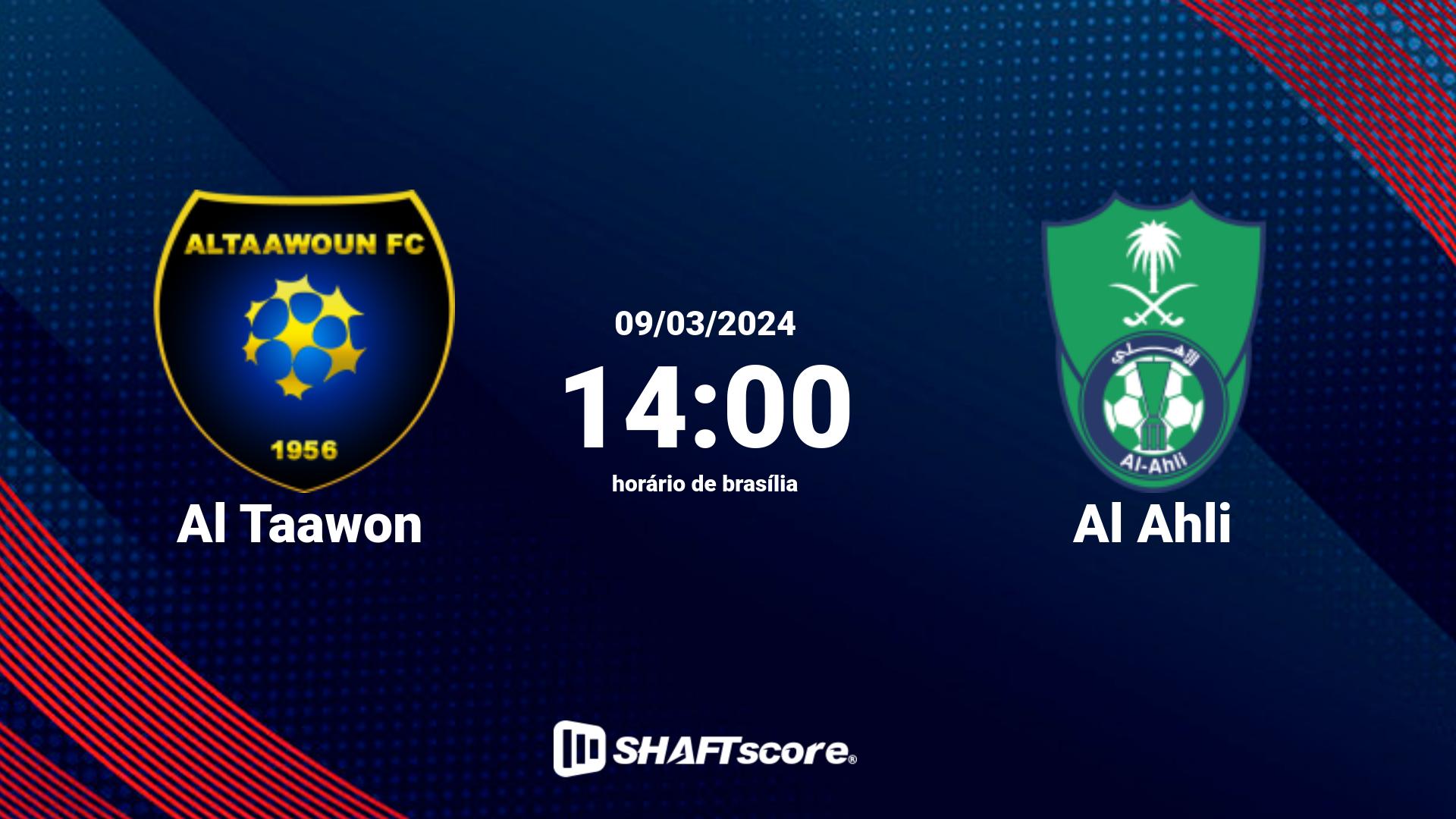 Estatísticas do jogo Al Taawon vs Al Ahli 09.03 14:00