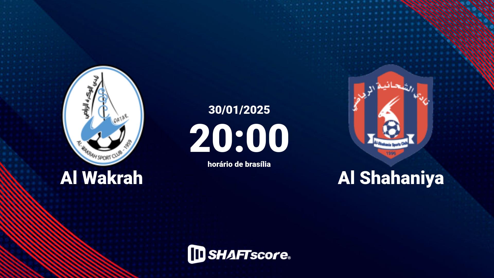 Estatísticas do jogo Al Wakrah vs Al Shahaniya 30.01 20:00