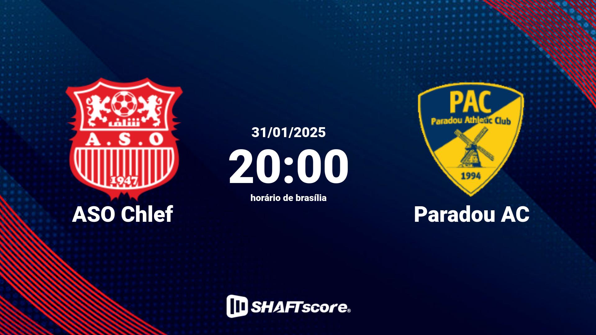 Estatísticas do jogo ASO Chlef vs Paradou AC 31.01 20:00