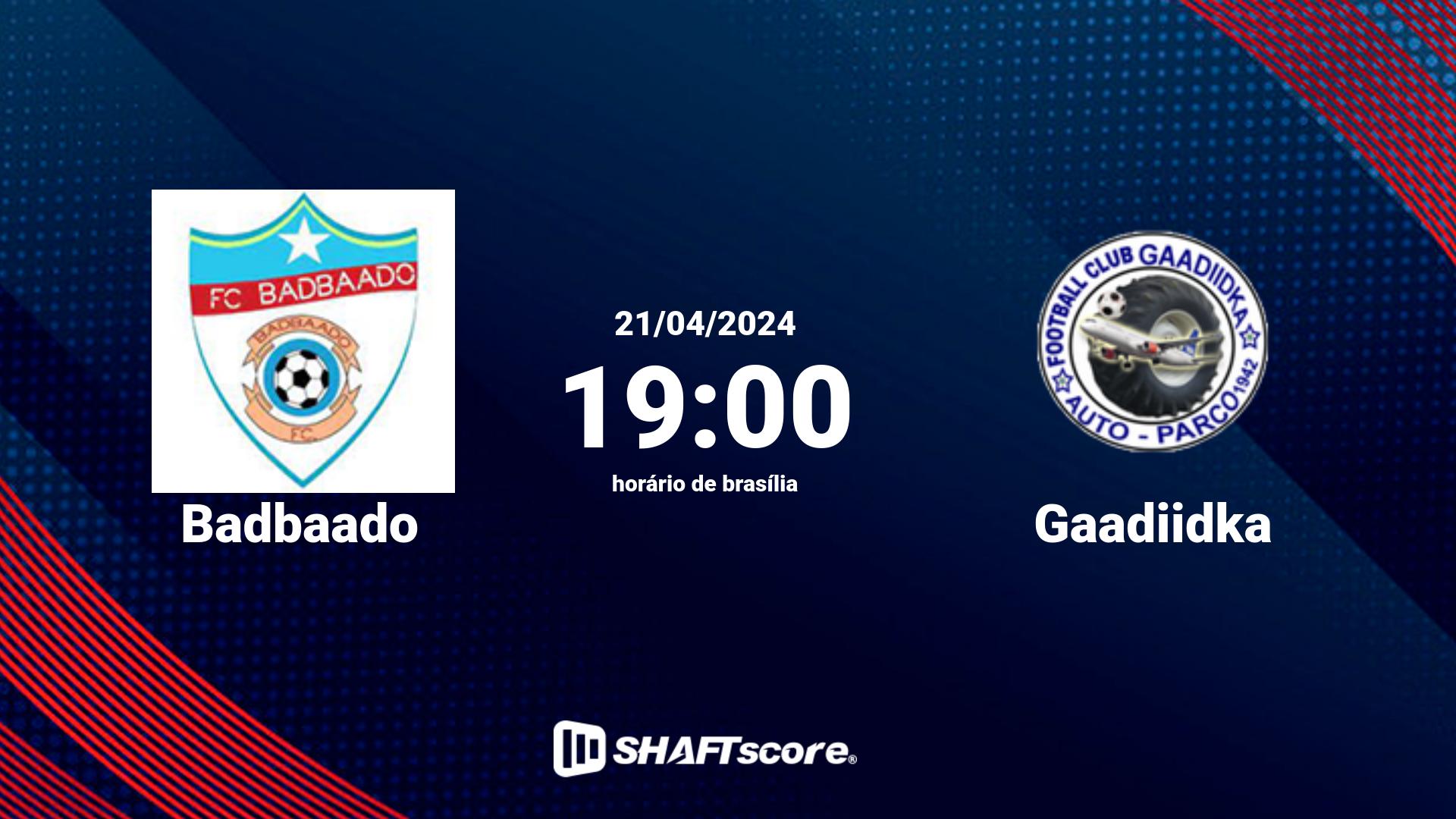 Estatísticas do jogo Badbaado vs Gaadiidka 21.04 19:00