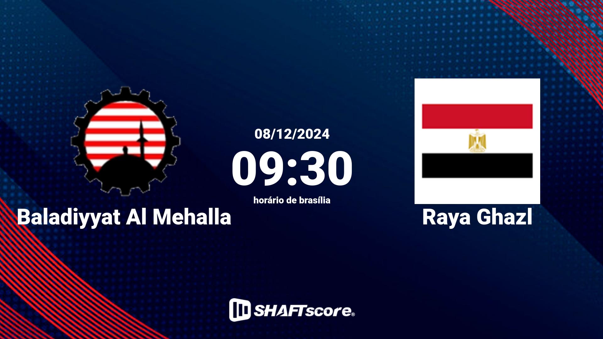 Estatísticas do jogo Baladiyyat Al Mehalla vs Raya Ghazl 08.12 09:30