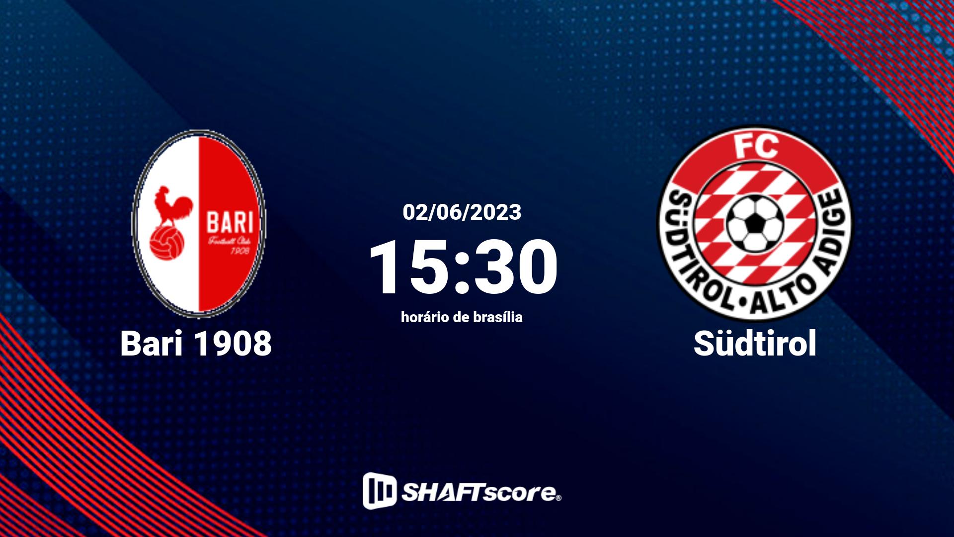 Estatísticas do jogo Bari 1908 vs Südtirol 02.06 15:30