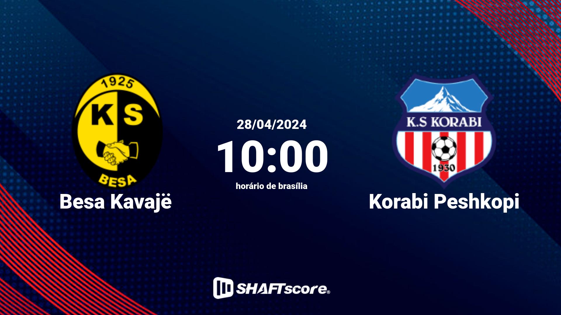 Estatísticas do jogo Besa Kavajë vs Korabi Peshkopi 28.04 10:00