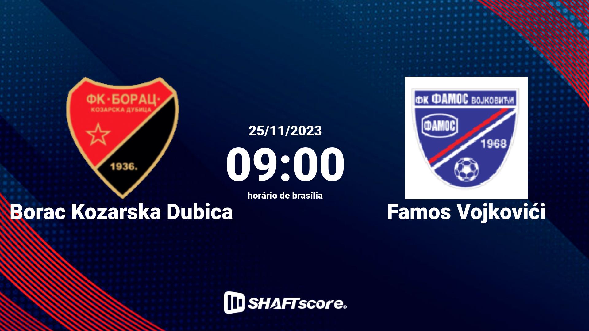 Estatísticas do jogo Borac Kozarska Dubica vs Famos Vojkovići 25.11 09:00