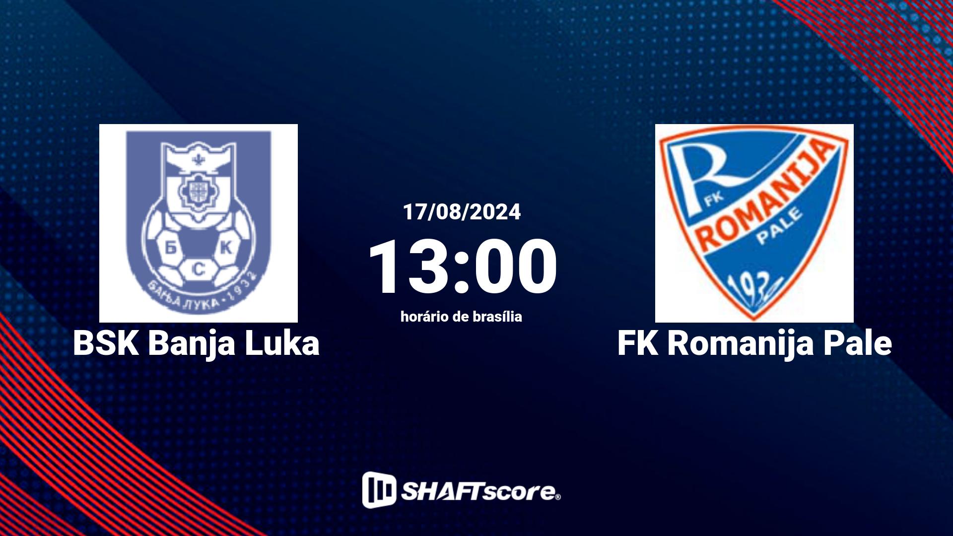 Estatísticas do jogo BSK Banja Luka vs FK Romanija Pale 17.08 13:00