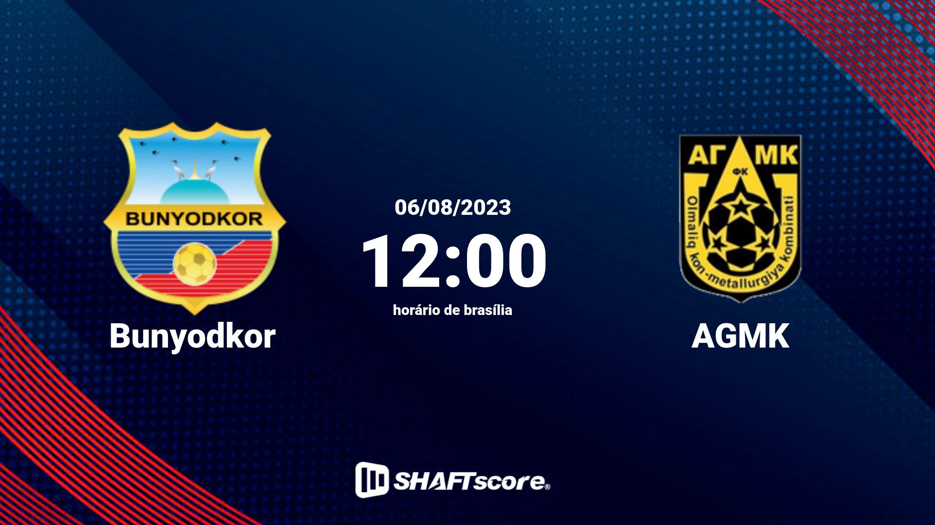 Estatísticas do jogo Bunyodkor vs AGMK 06.08 12:00