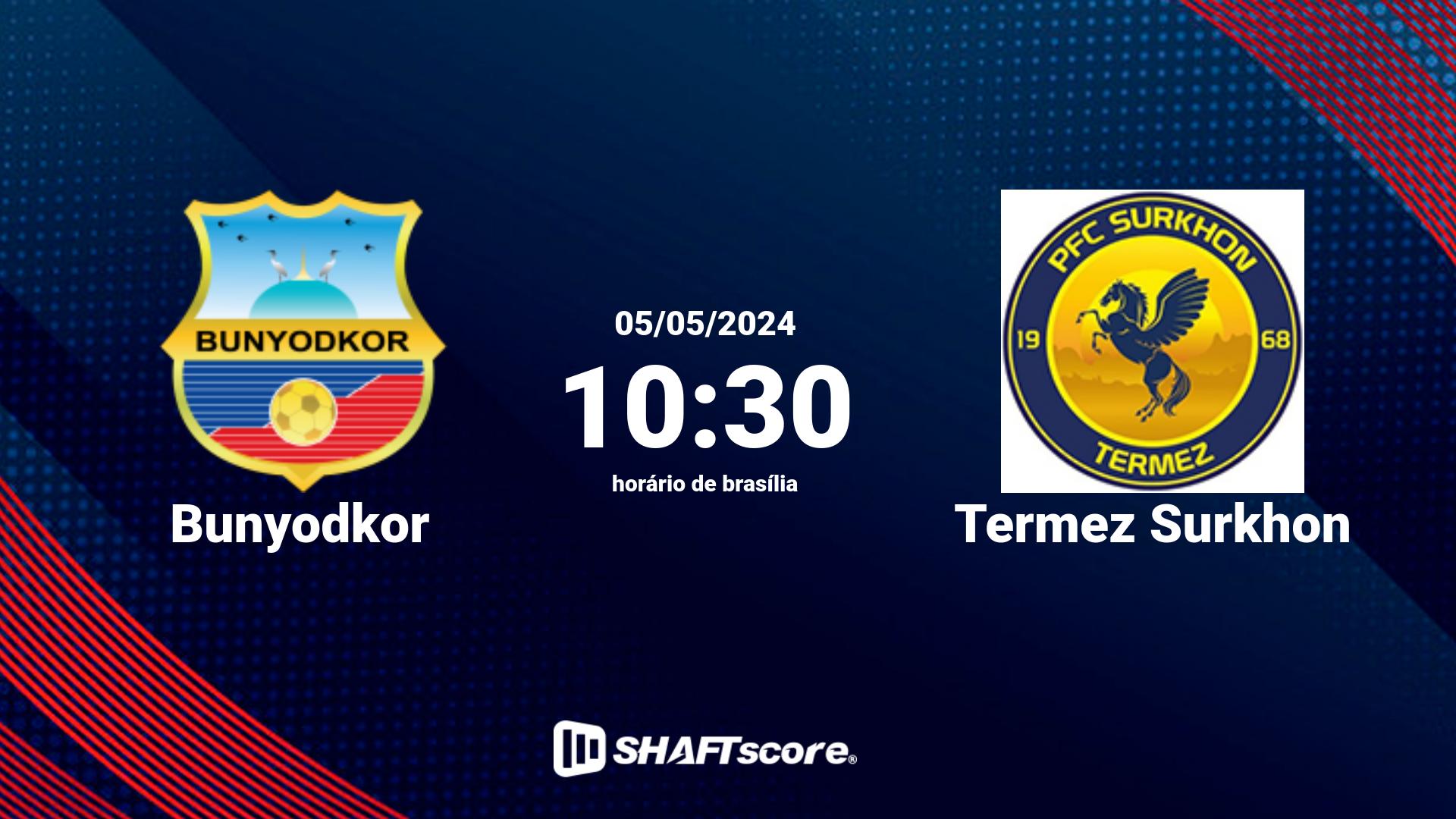 Estatísticas do jogo Bunyodkor vs Termez Surkhon 05.05 10:30