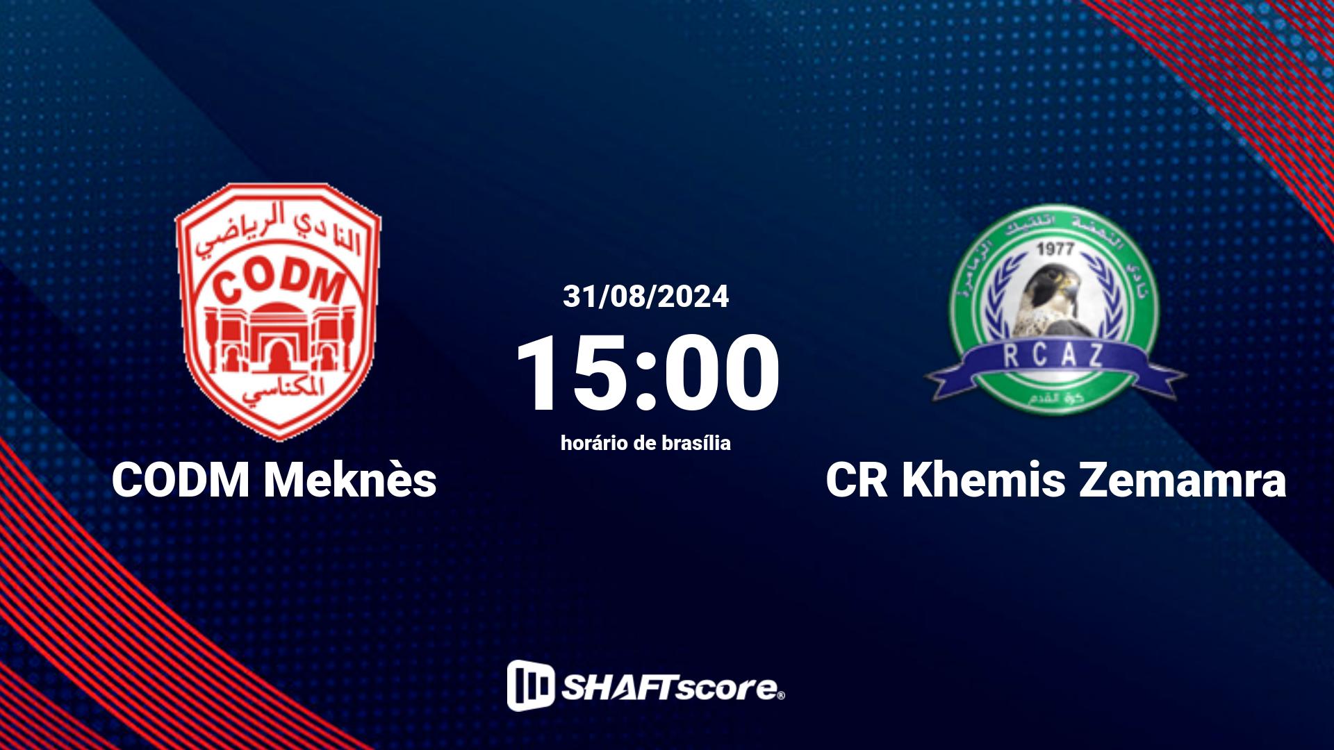 Estatísticas do jogo CODM Meknès vs CR Khemis Zemamra 31.08 15:00