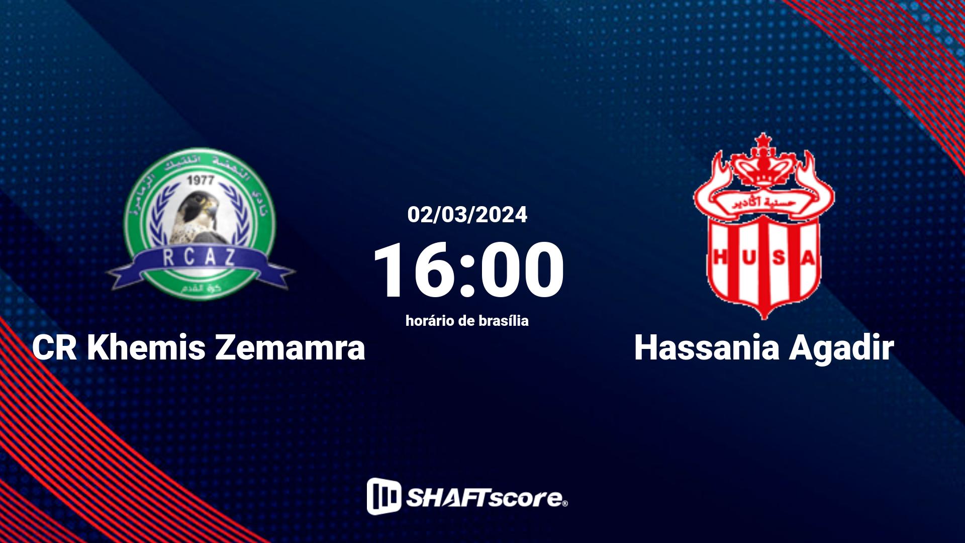 Estatísticas do jogo CR Khemis Zemamra vs Hassania Agadir 02.03 16:00