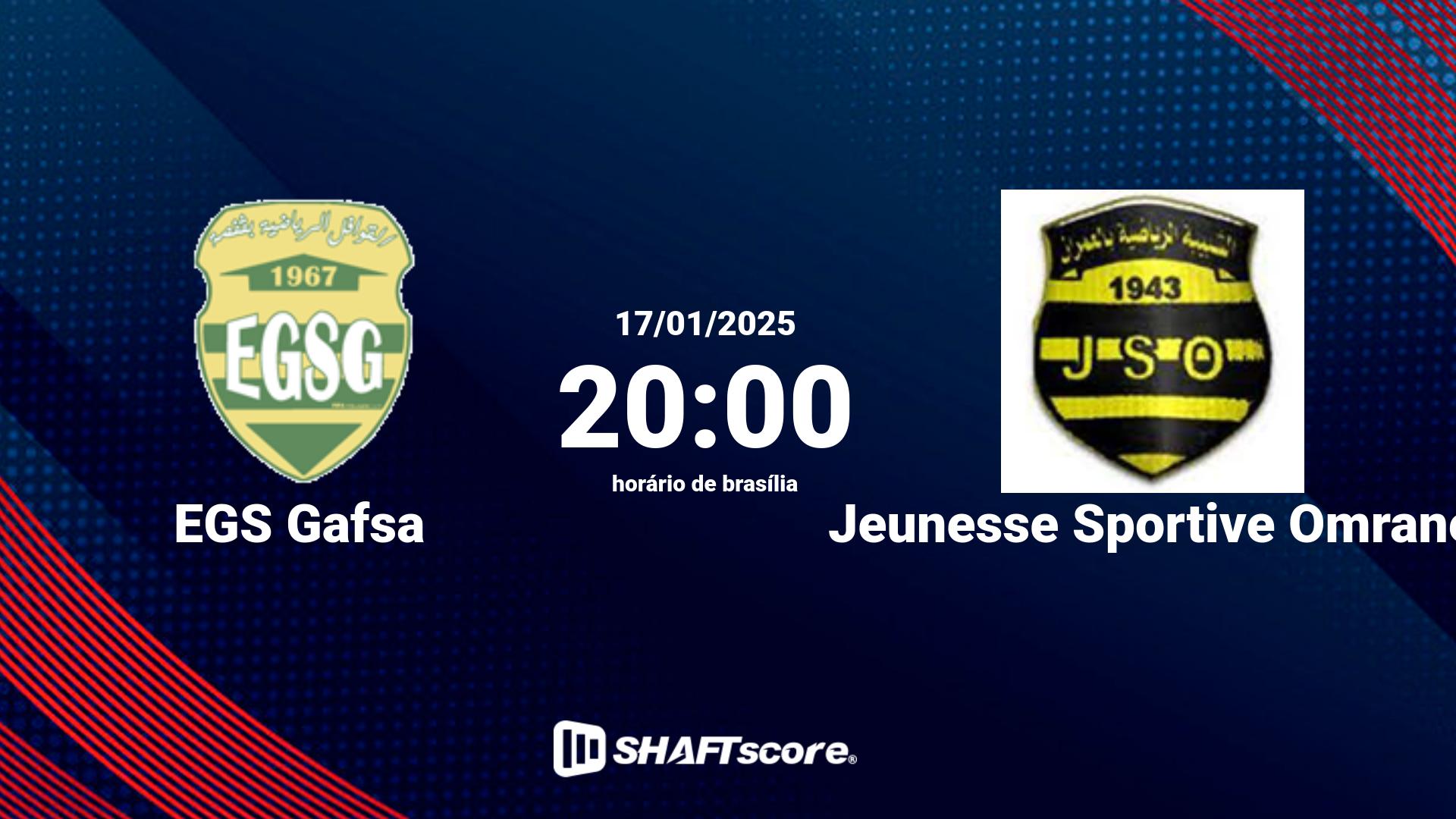 Estatísticas do jogo EGS Gafsa vs Jeunesse Sportive Omrane 17.01 20:00