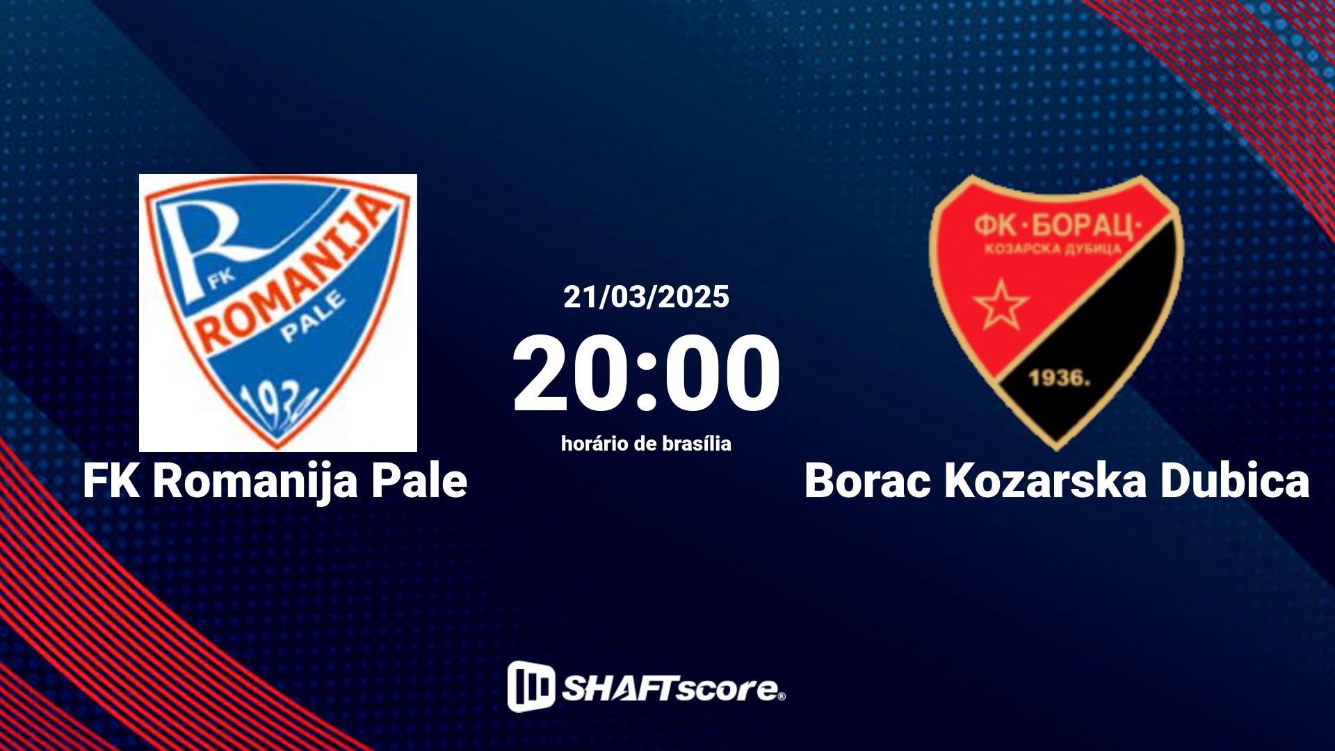 Estatísticas do jogo FK Romanija Pale vs Borac Kozarska Dubica 21.03 20:00