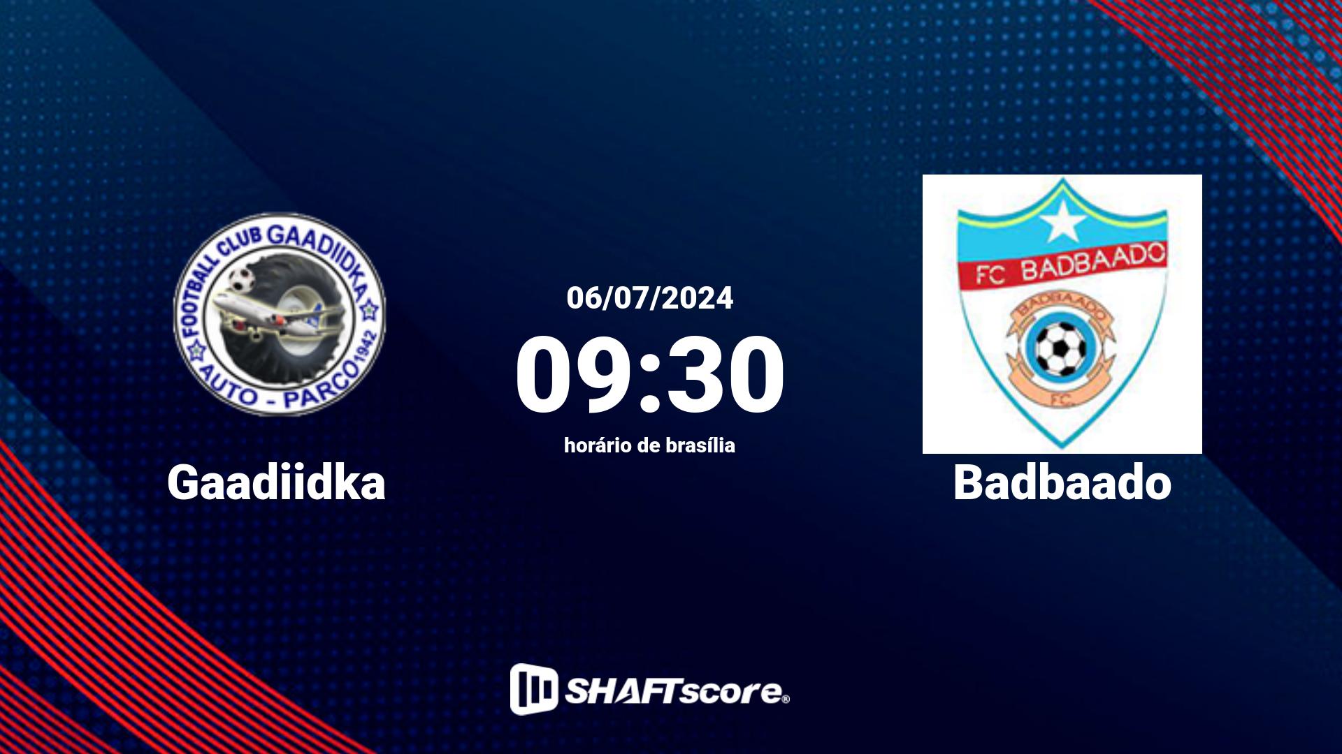 Estatísticas do jogo Gaadiidka vs Badbaado 06.07 09:30