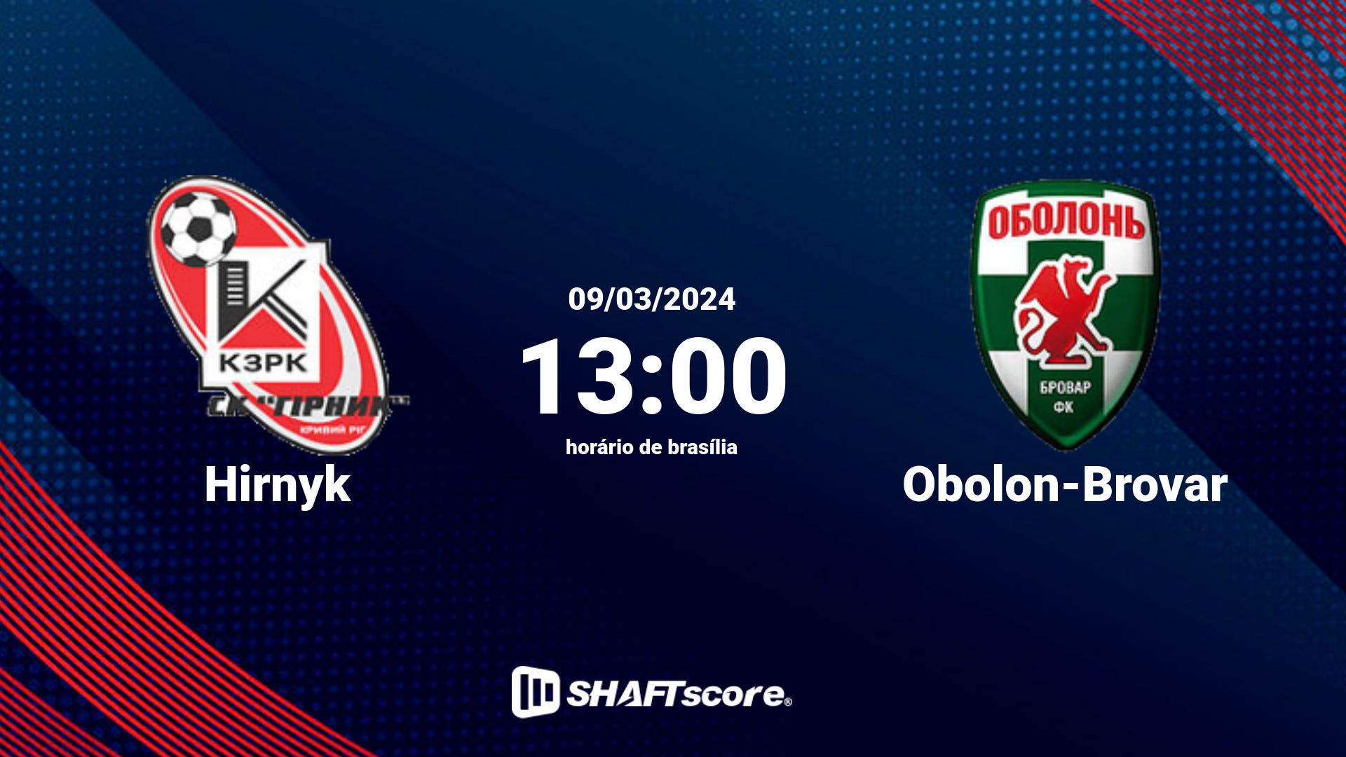 Estatísticas do jogo Hirnyk vs Obolon-Brovar 09.03 13:00