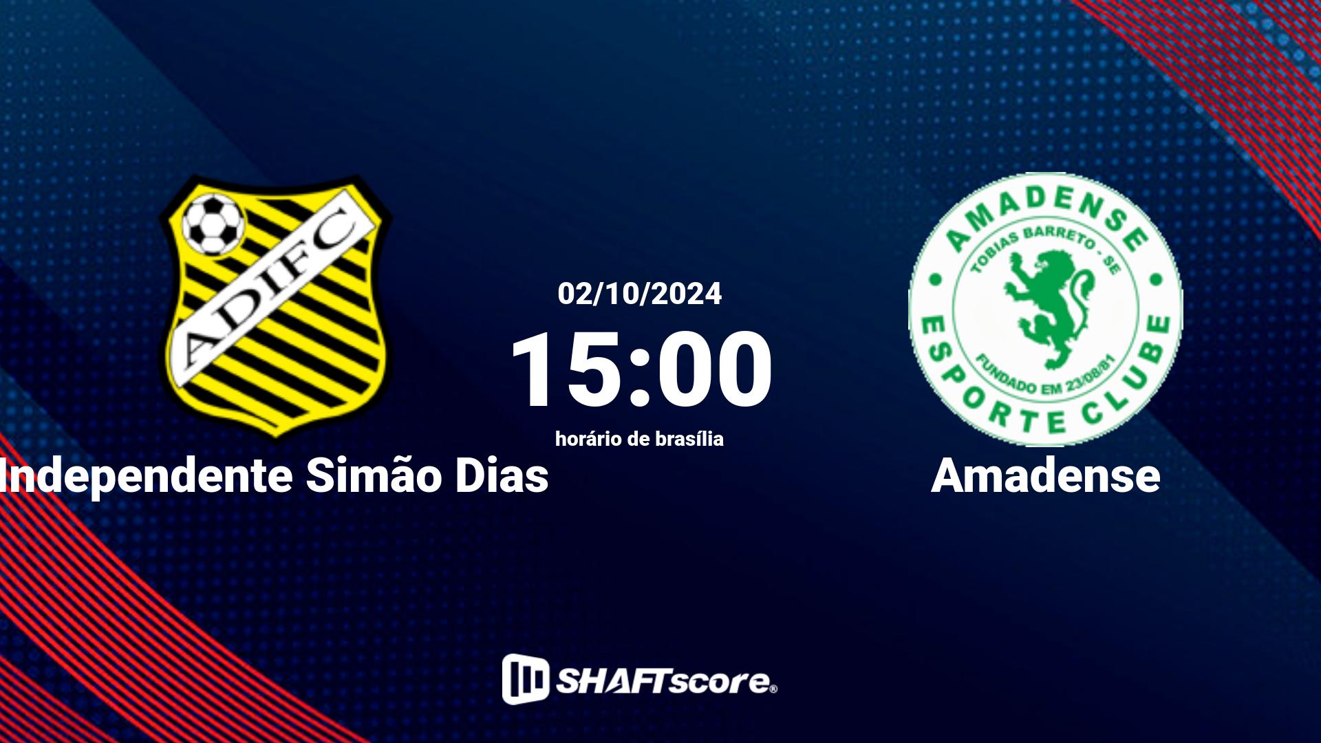 Estatísticas do jogo Independente Simão Dias vs Amadense 02.10 15:00