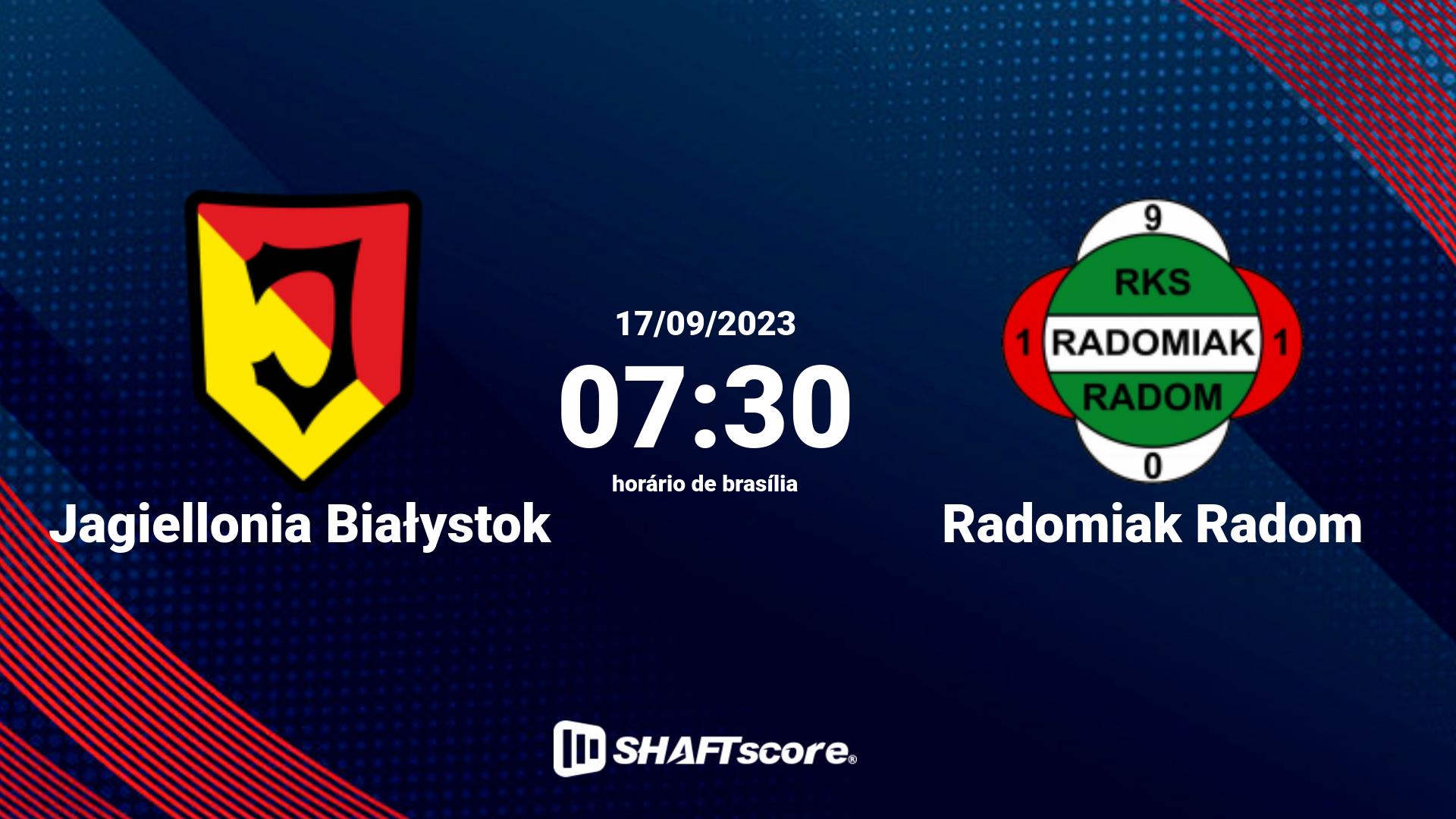 Estatísticas do jogo Jagiellonia Białystok vs Radomiak Radom 17.09 07:30