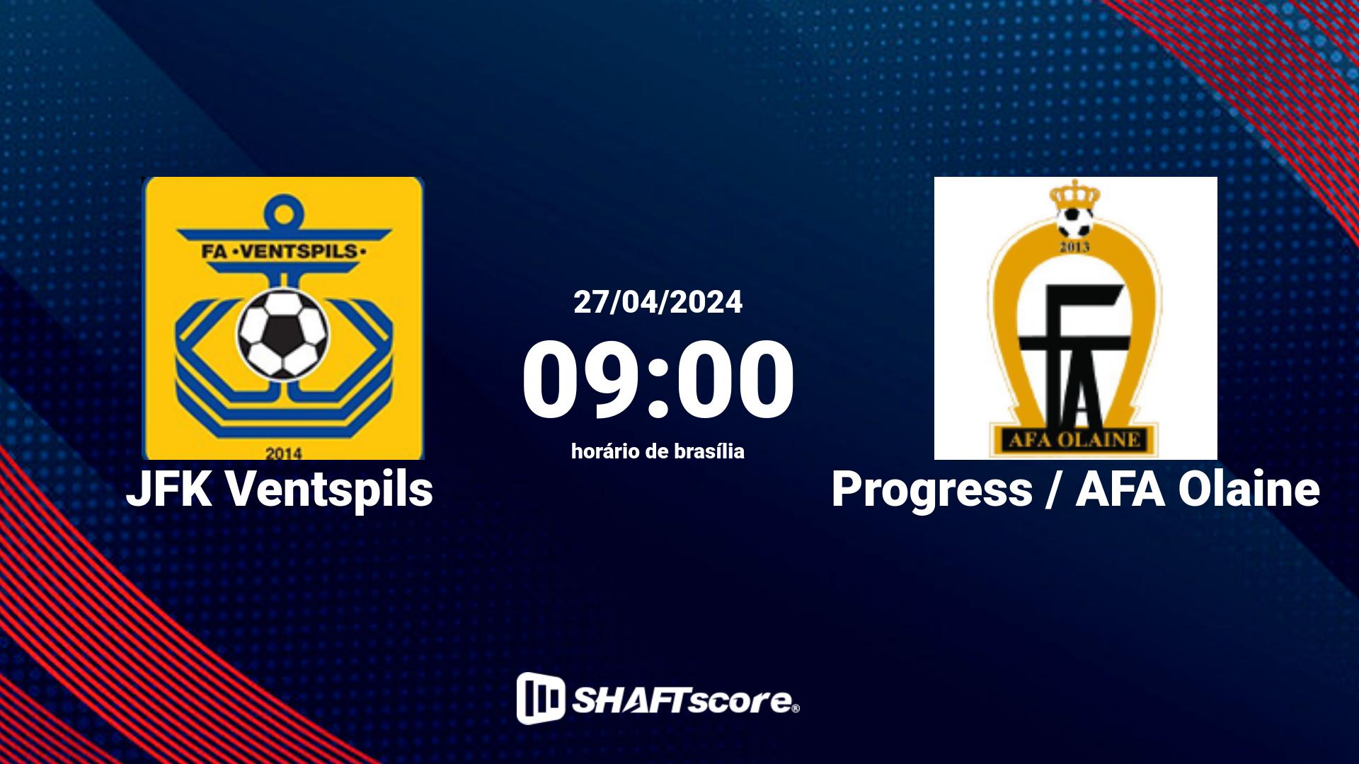 Estatísticas do jogo JFK Ventspils vs Progress / AFA Olaine 27.04 09:00