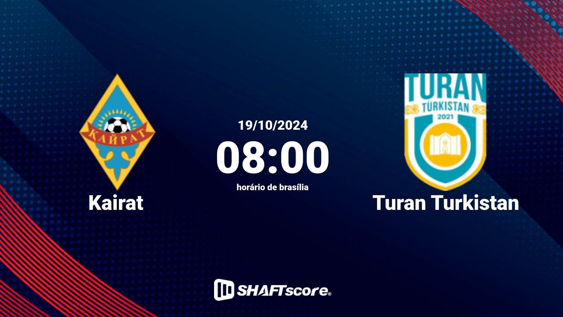 Estatísticas do jogo Kairat vs Turan Turkistan 19.10 08:00