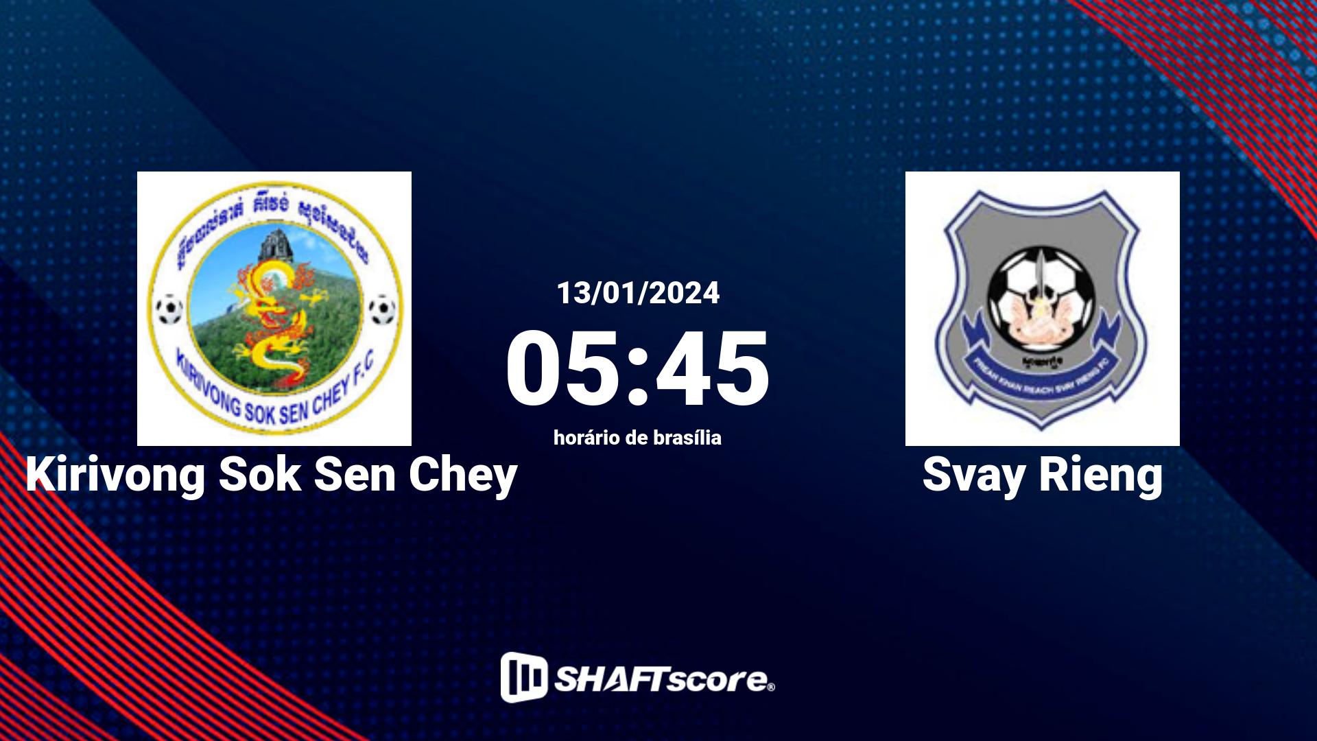 Estatísticas do jogo Kirivong Sok Sen Chey vs Svay Rieng 13.01 05:45