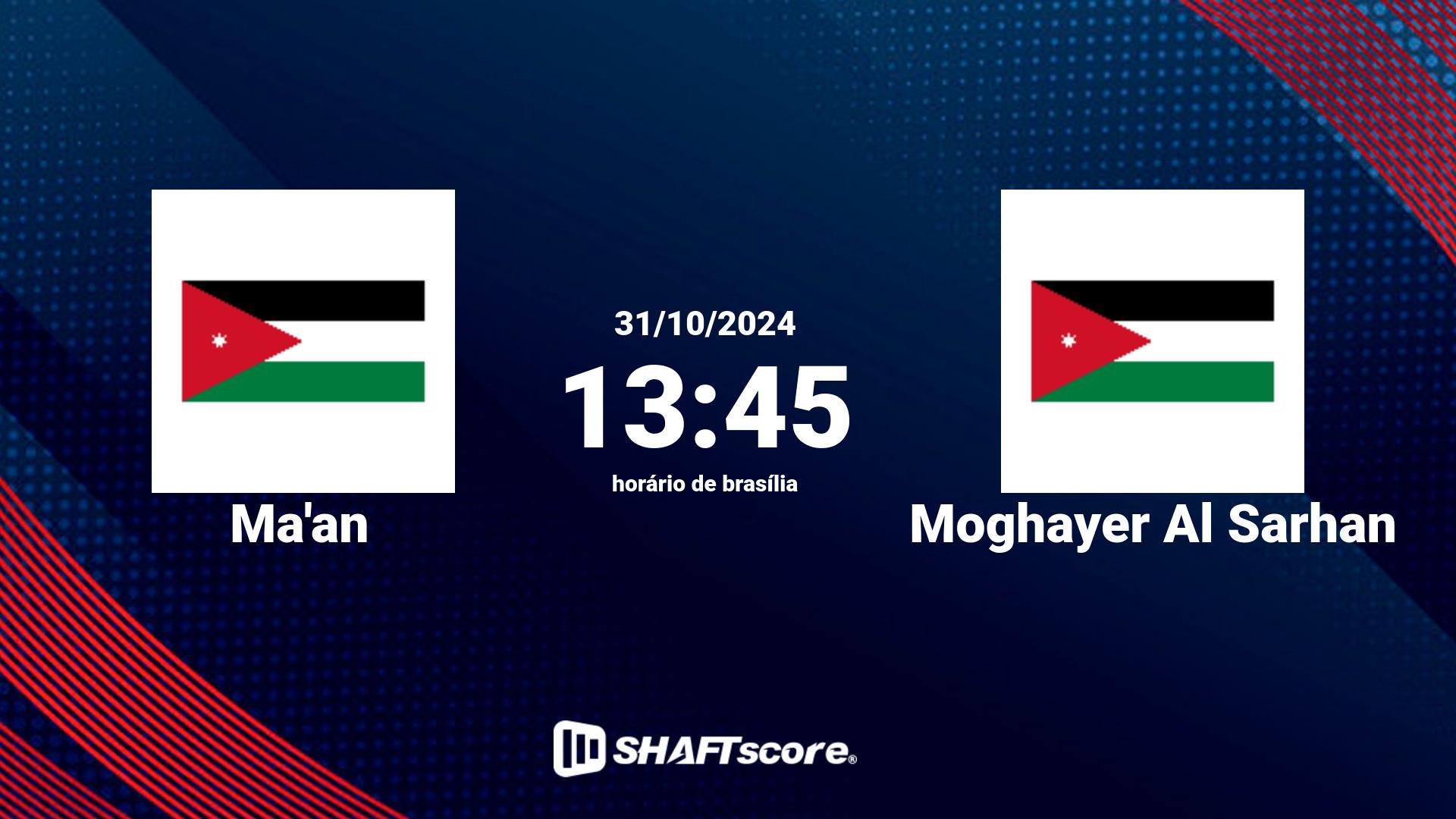 Estatísticas do jogo Ma'an vs Moghayer Al Sarhan 31.10 13:45