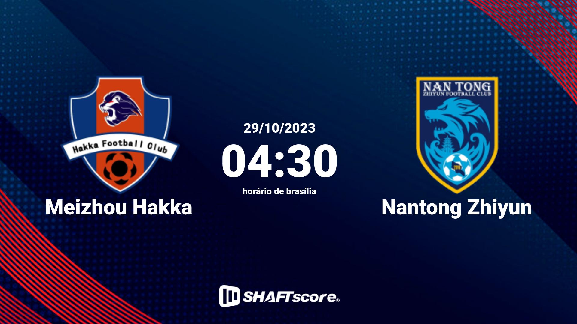 Estatísticas do jogo Meizhou Hakka vs Nantong Zhiyun 29.10 04:30