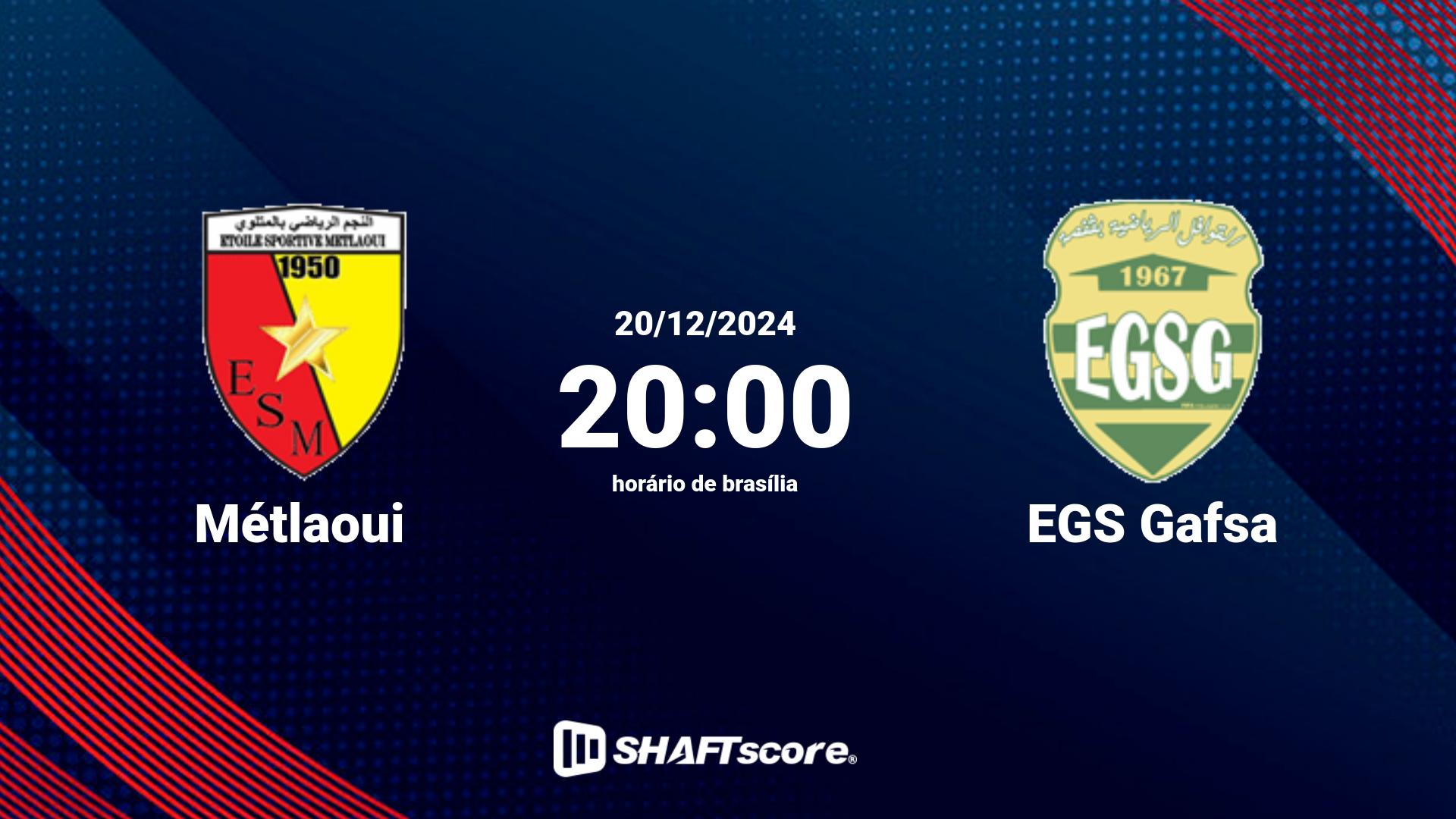 Estatísticas do jogo Métlaoui vs EGS Gafsa 20.12 20:00