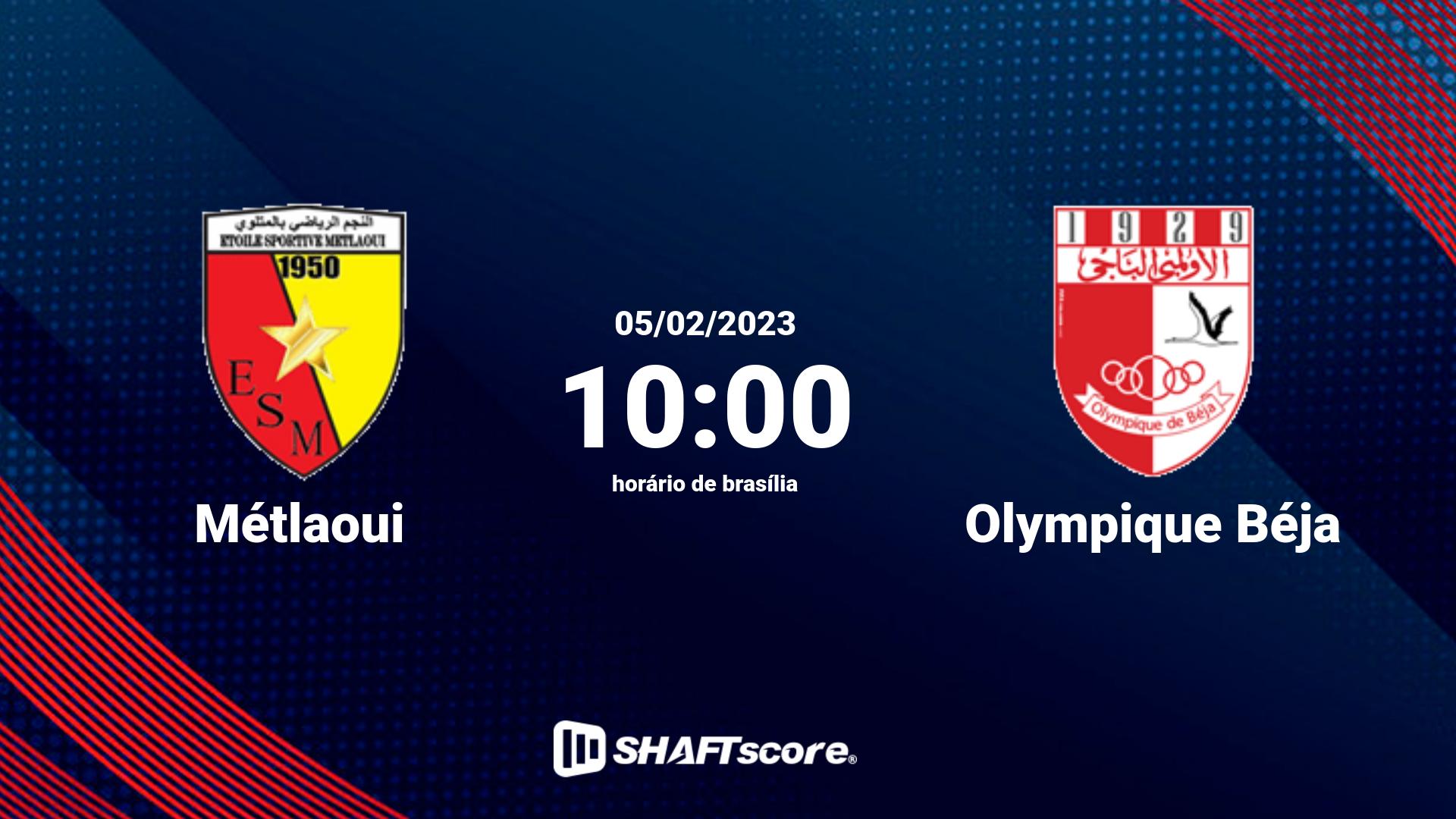 Estatísticas do jogo Métlaoui vs Olympique Béja 05.02 10:00