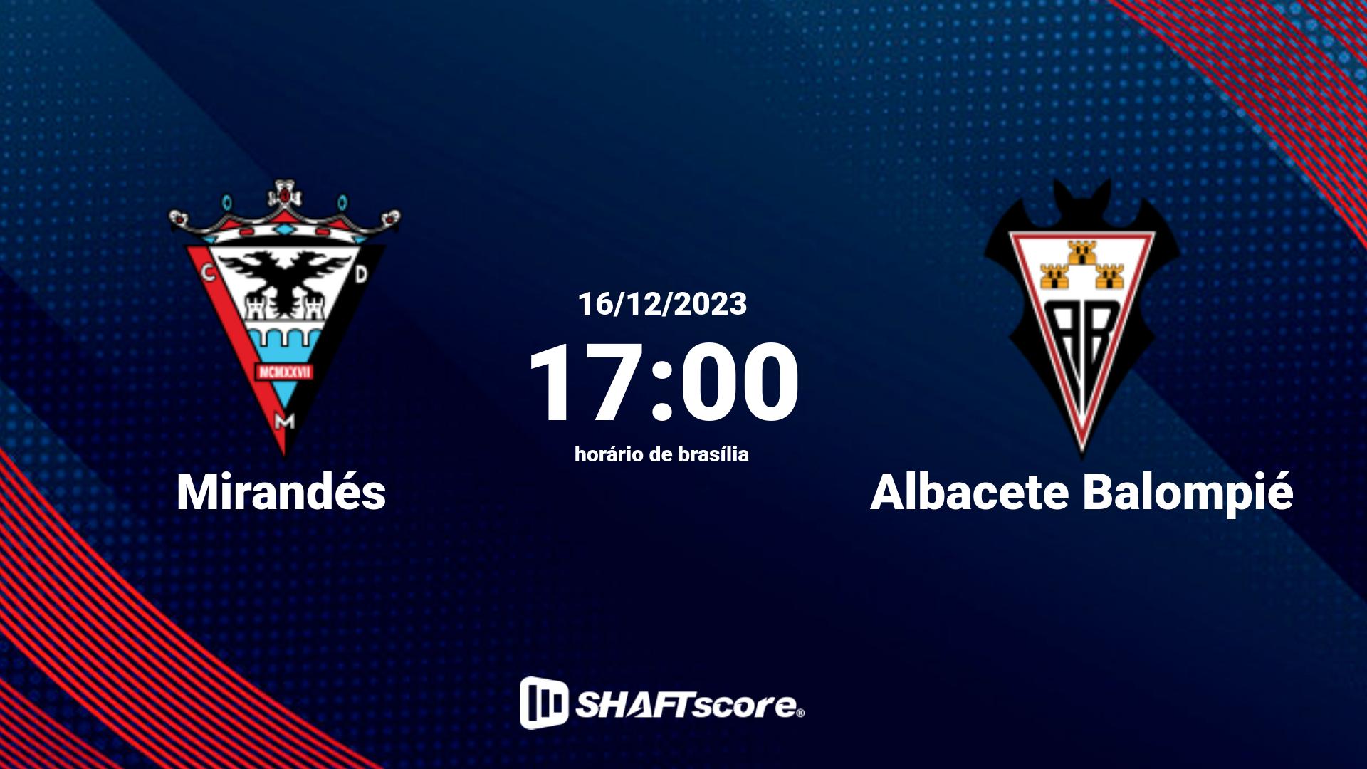 Estatísticas do jogo Mirandés vs Albacete Balompié 16.12 17:00