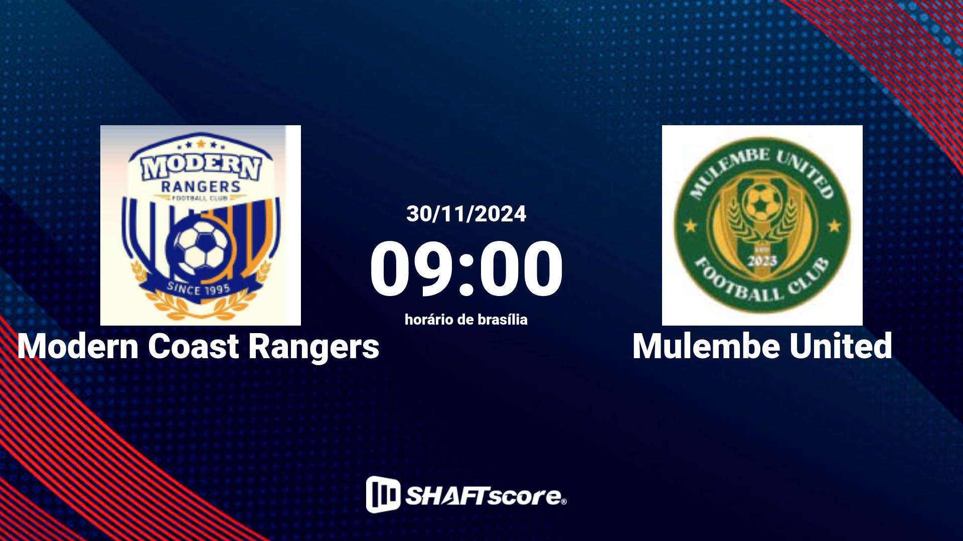 Estatísticas do jogo Modern Coast Rangers vs Mulembe United 30.11 09:00