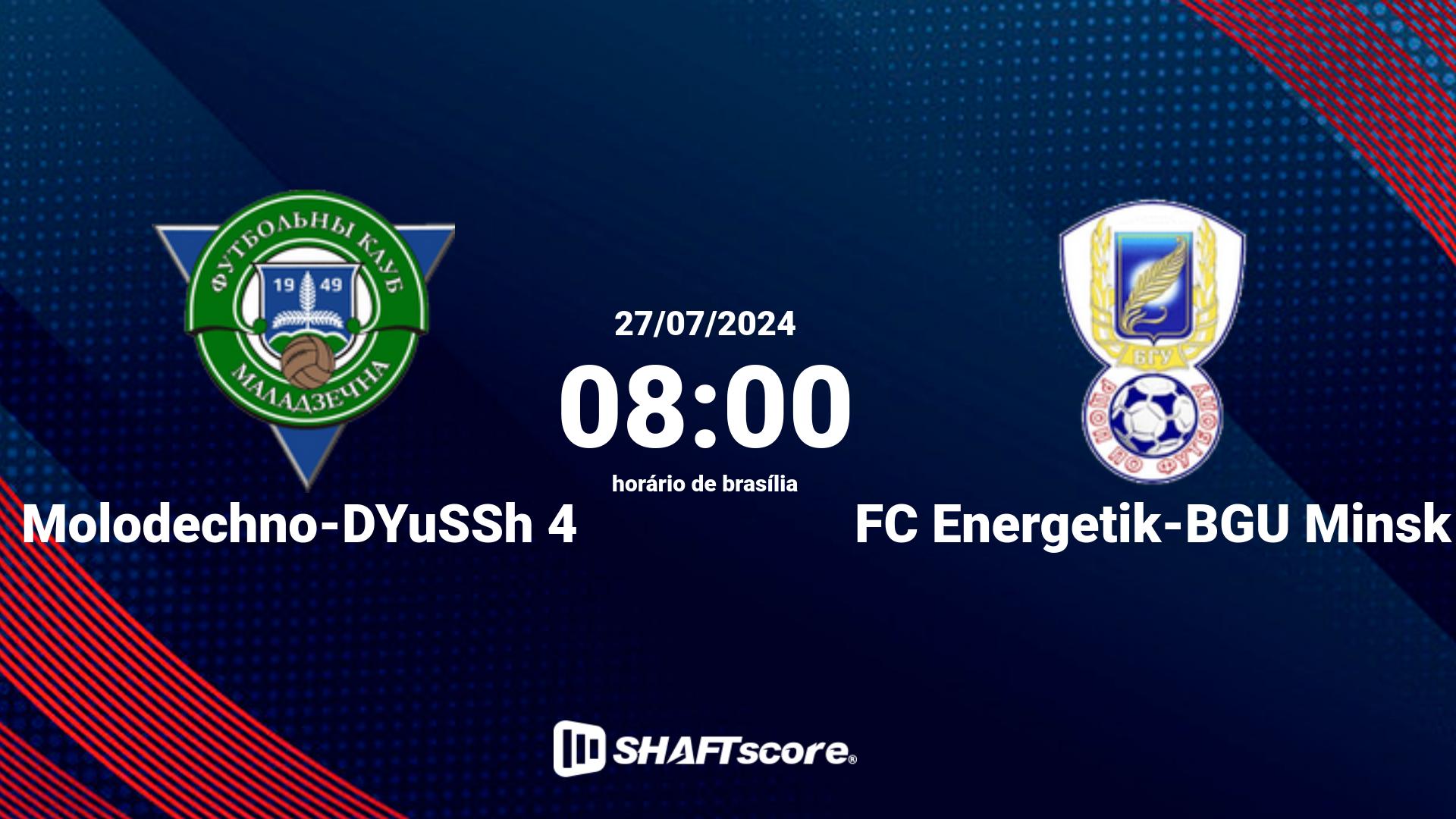 Estatísticas do jogo Molodechno-DYuSSh 4 vs FC Energetik-BGU Minsk 27.07 08:00