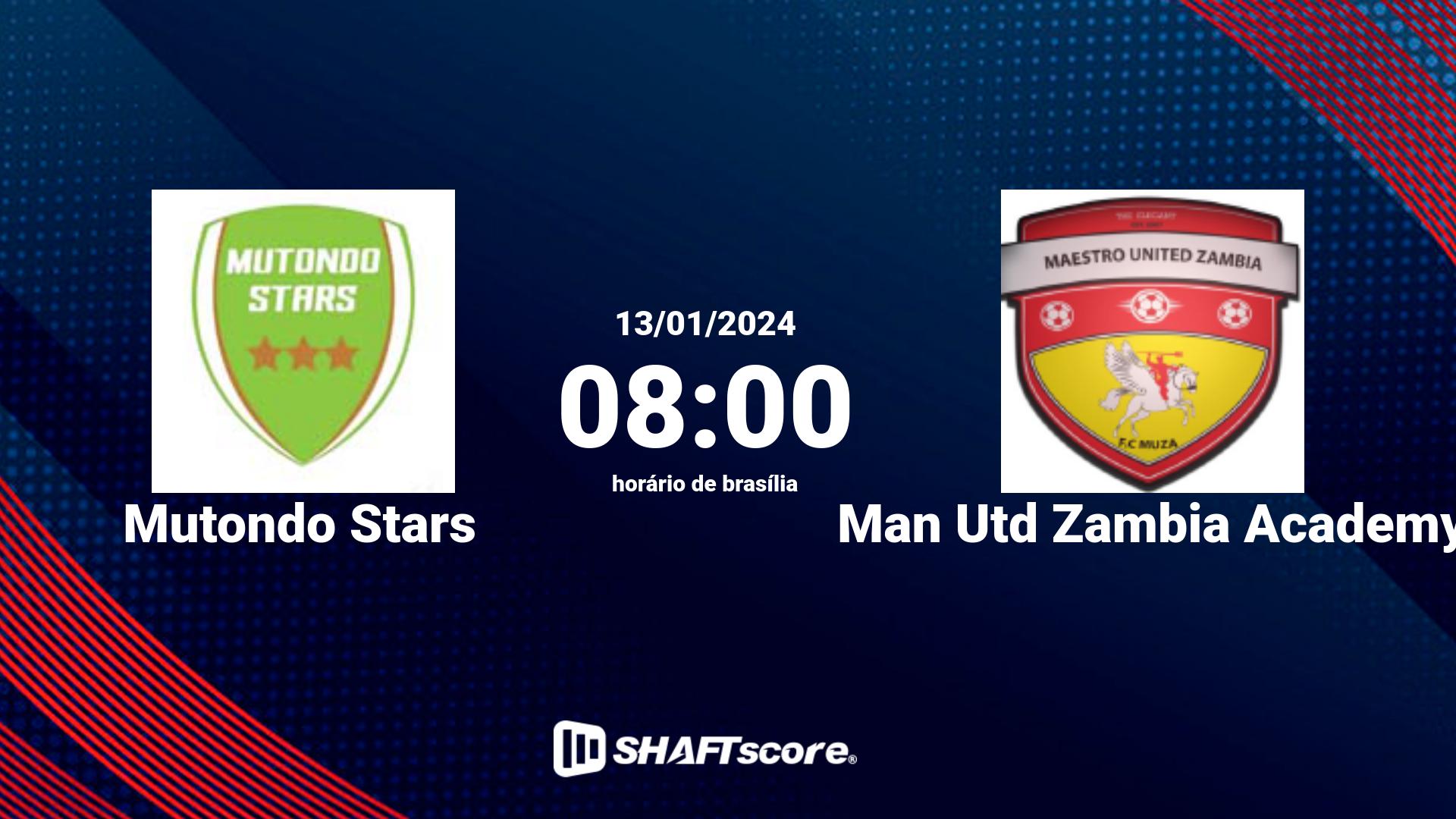 Estatísticas do jogo Mutondo Stars vs Man Utd Zambia Academy 13.01 08:00