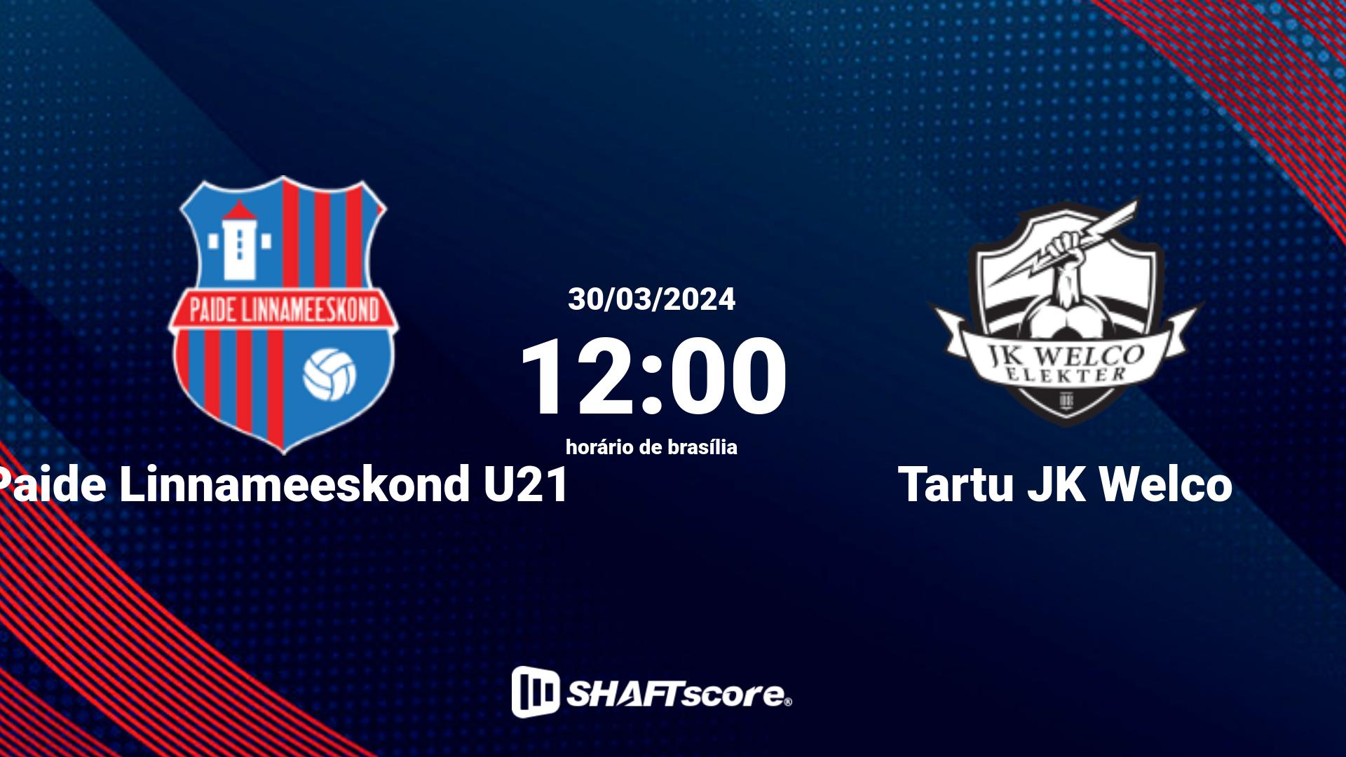 Estatísticas do jogo Paide Linnameeskond U21 vs Tartu JK Welco 30.03 12:00