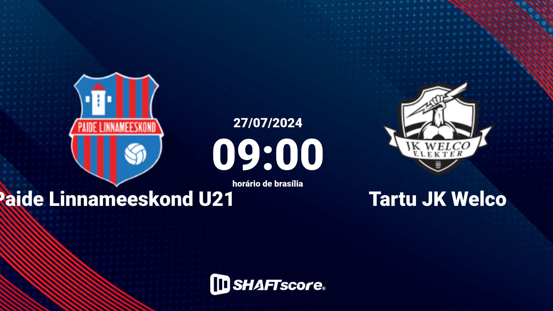 Estatísticas do jogo Paide Linnameeskond U21 vs Tartu JK Welco 27.07 09:00