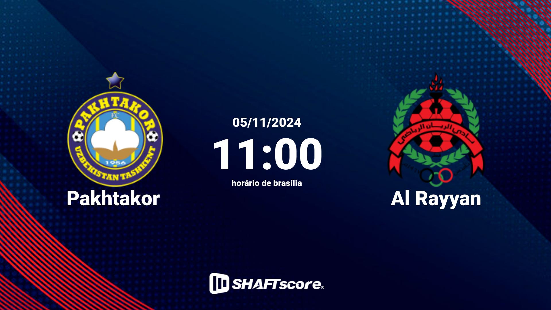 Estatísticas do jogo Pakhtakor vs Al Rayyan 05.11 11:00