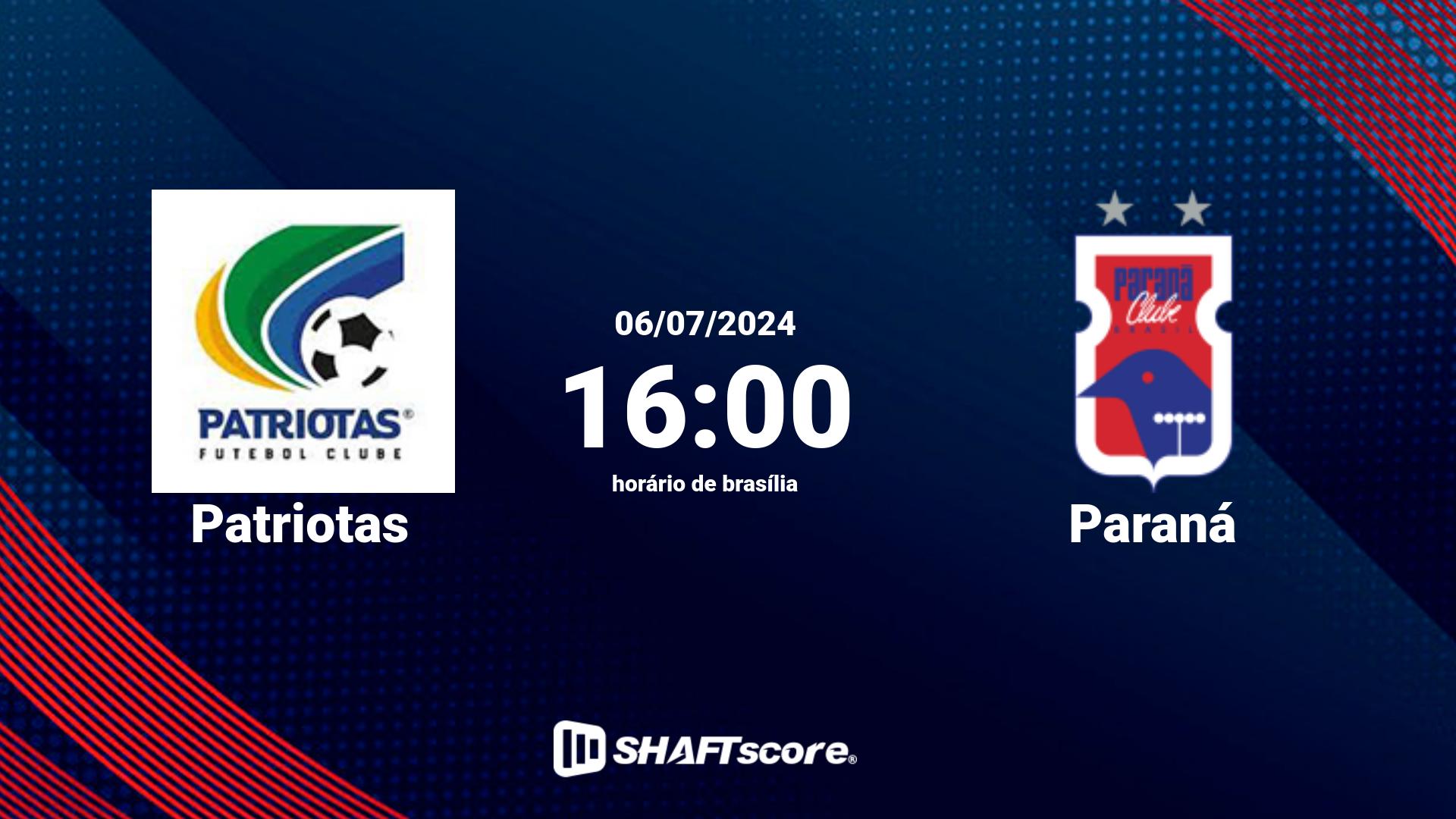 Estatísticas do jogo Patriotas vs Paraná 06.07 16:00