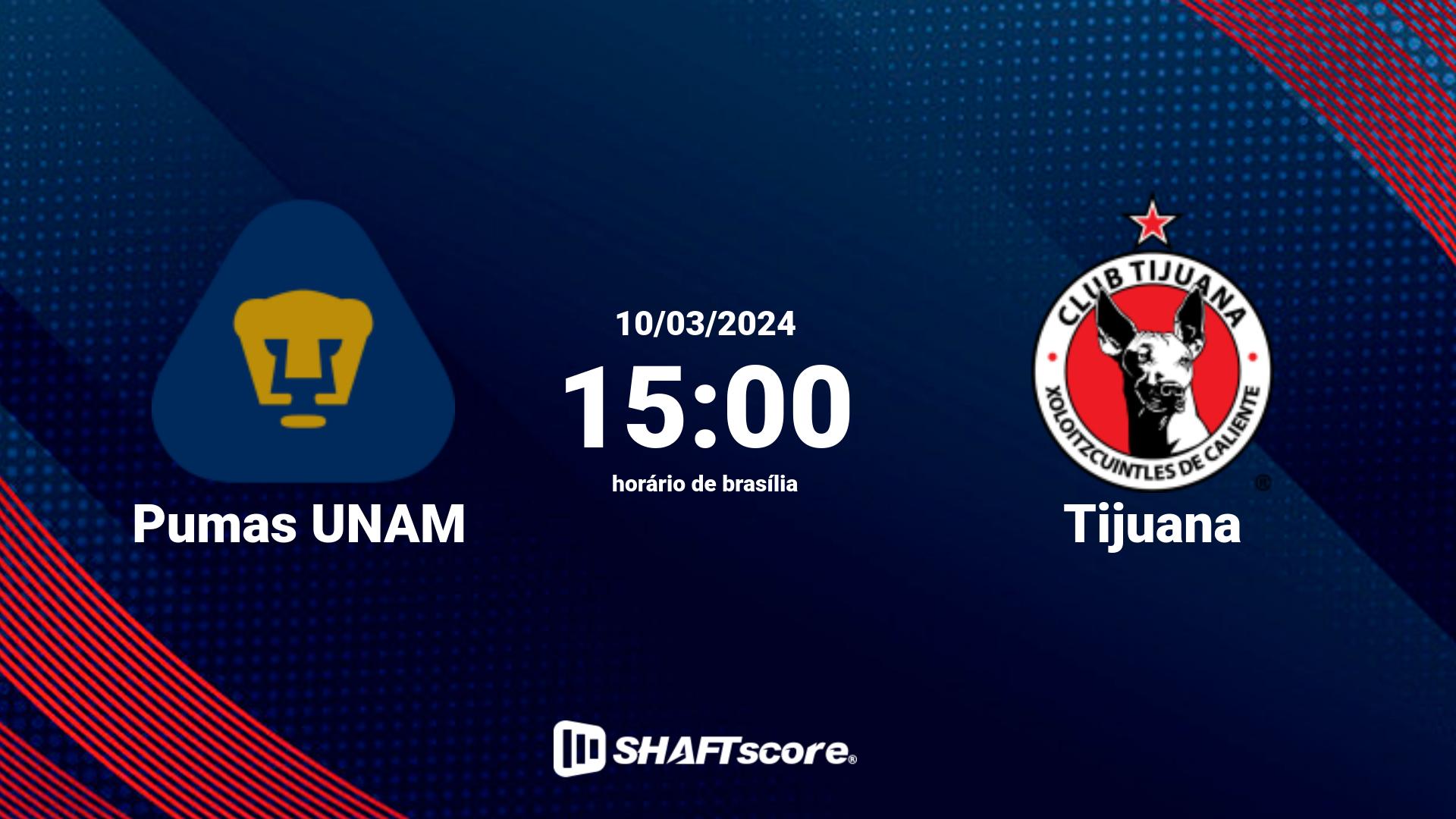 Estatísticas do jogo Pumas UNAM vs Tijuana 10.03 15:00