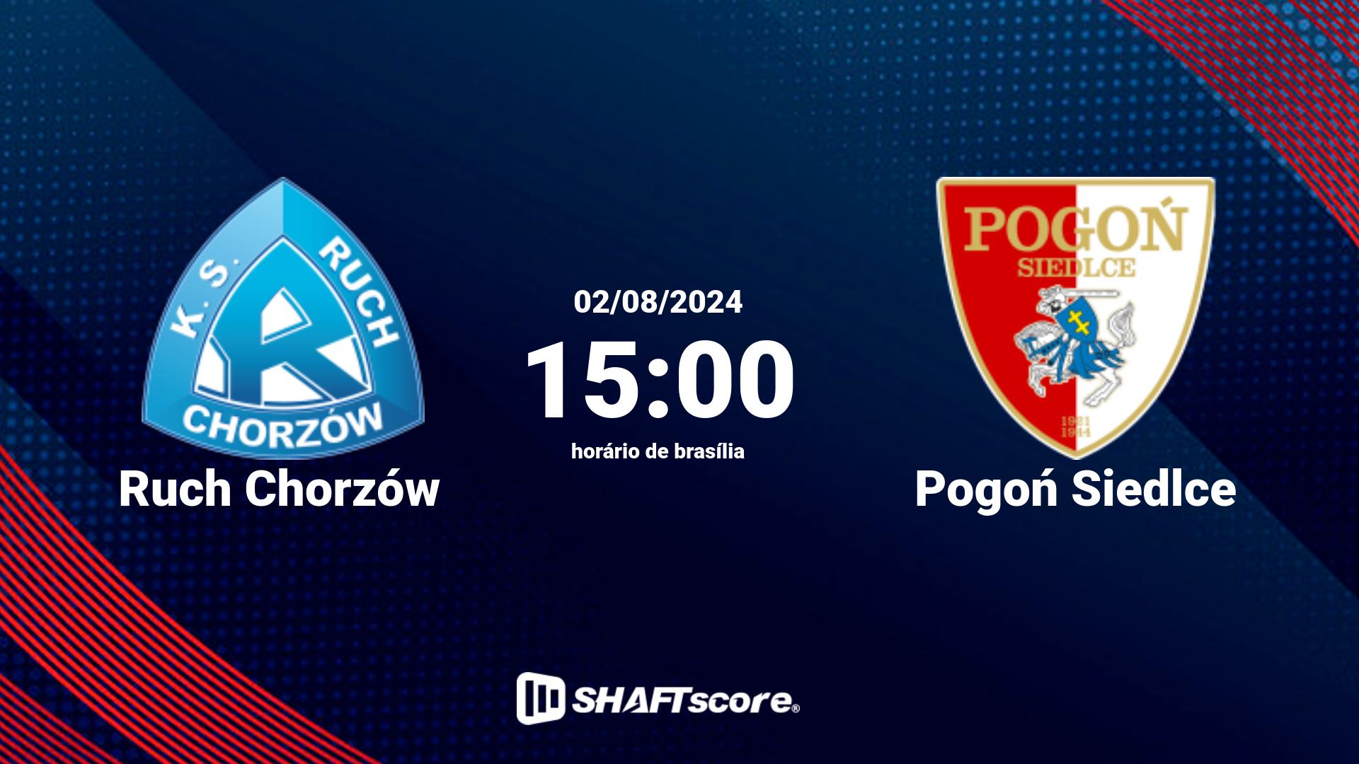 Estatísticas do jogo Ruch Chorzów vs Pogoń Siedlce 02.08 15:00