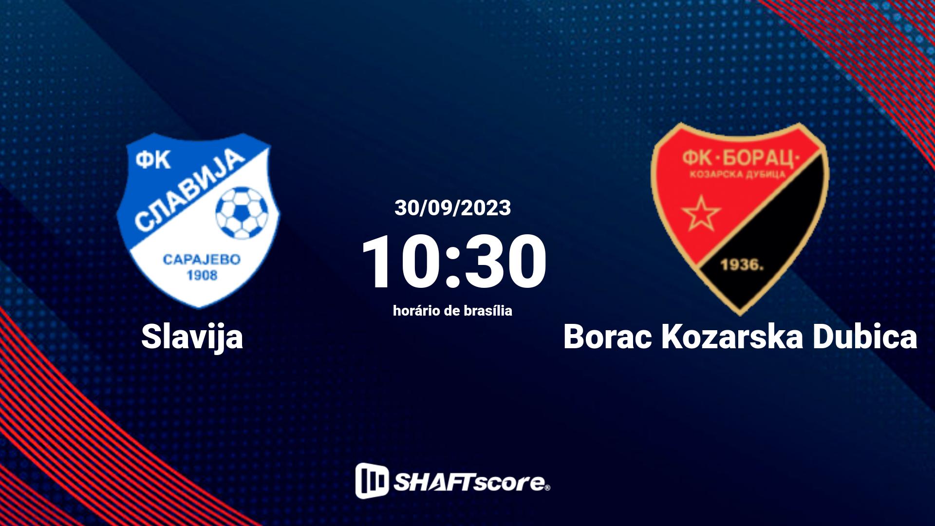 Estatísticas do jogo Slavija vs Borac Kozarska Dubica 30.09 10:30