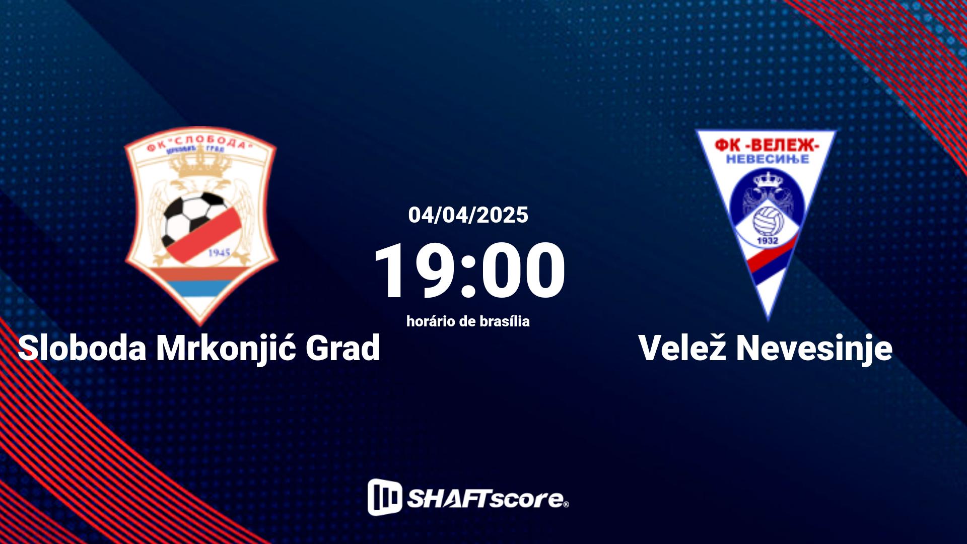 Estatísticas do jogo Sloboda Mrkonjić Grad vs Velež Nevesinje 04.04 19:00