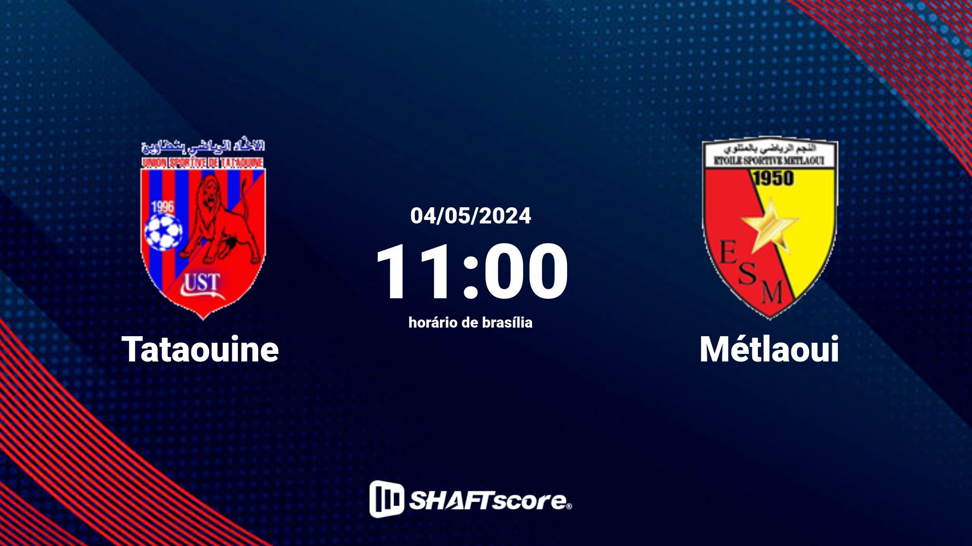 Estatísticas do jogo Tataouine vs Métlaoui 04.05 11:00