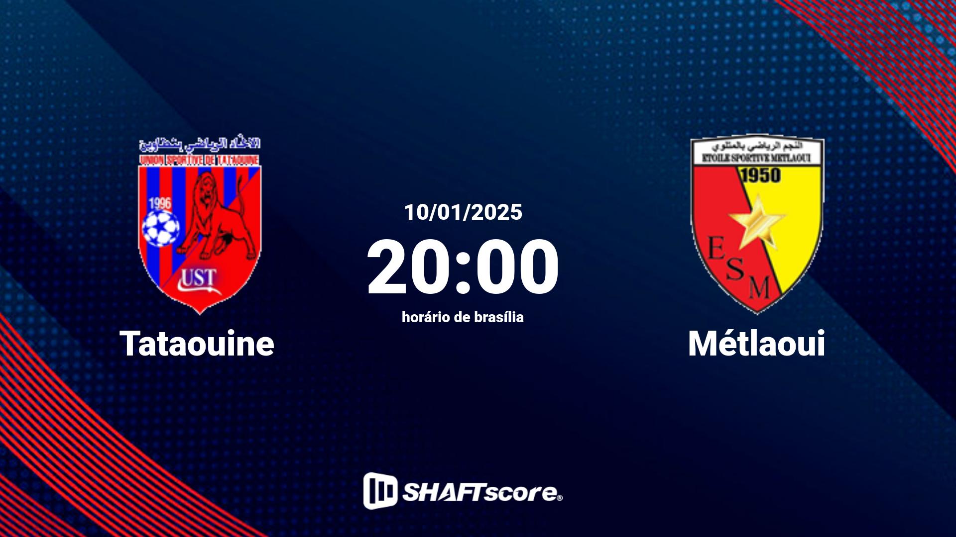 Estatísticas do jogo Tataouine vs Métlaoui 10.01 20:00