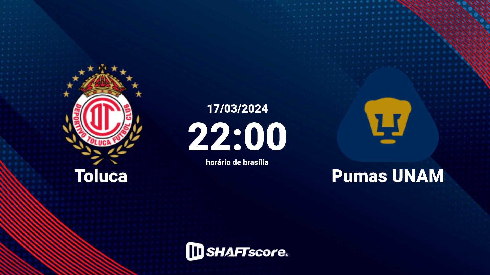 Estatísticas do jogo Toluca vs Pumas UNAM 17.03 22:00