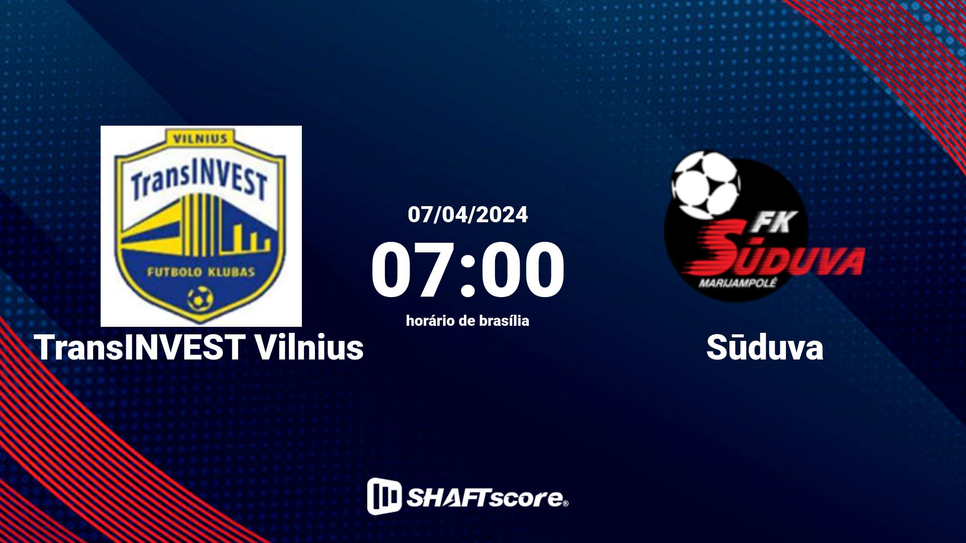 Estatísticas do jogo TransINVEST Vilnius vs Sūduva 07.04 07:00