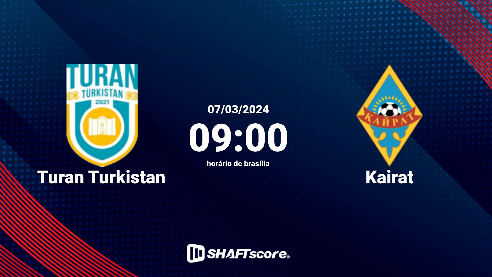 Estatísticas do jogo Turan Turkistan vs Kairat 07.03 09:00